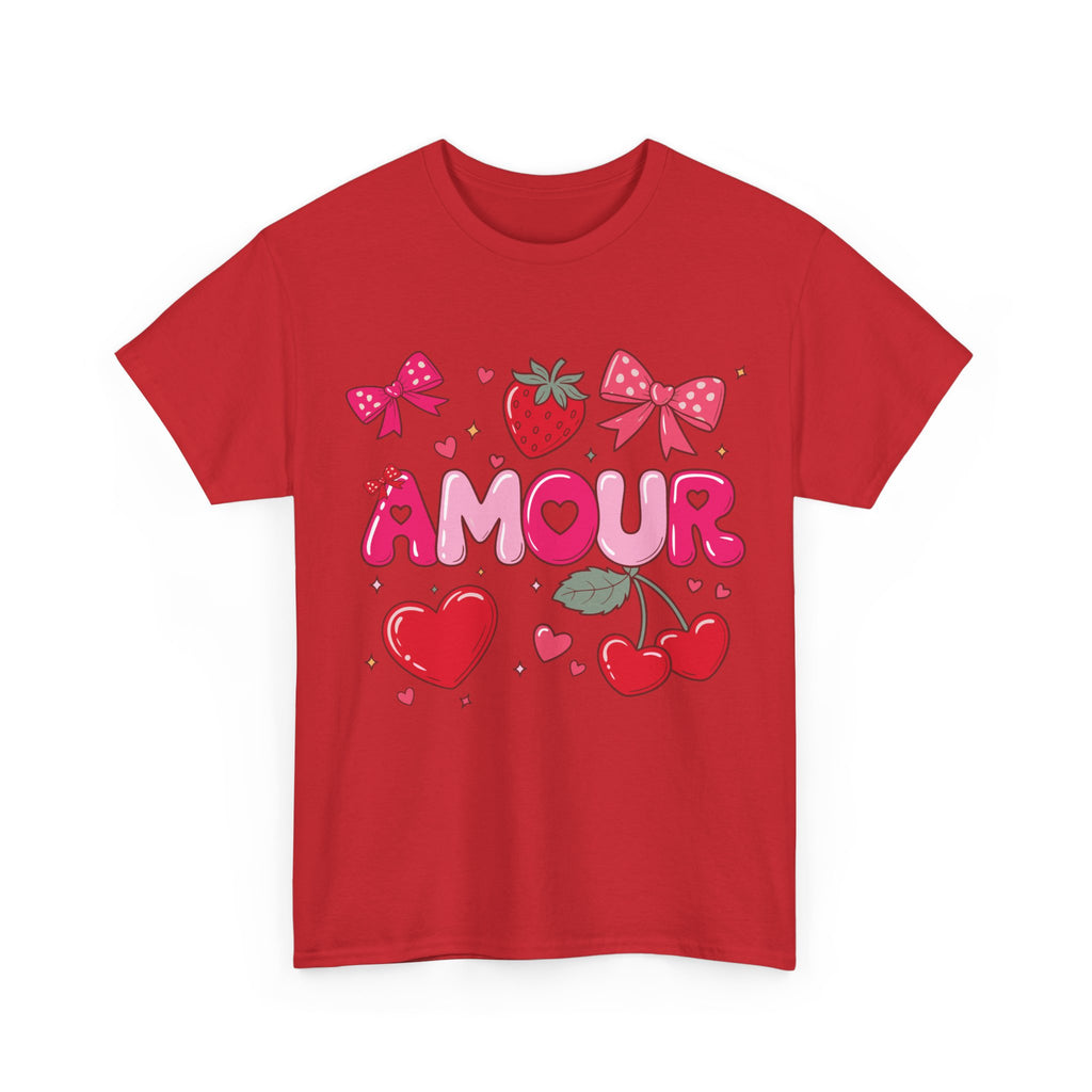 Amour Pink Hearts Tee — Shiny Lettering with Bows, Cherries & Strawberry Accent...Unisex Cotton Tee