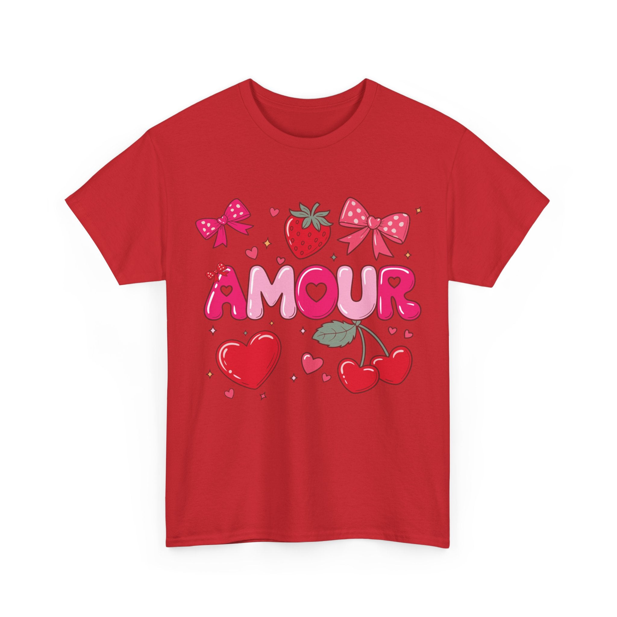 Amour Pink Hearts Tee — Shiny Lettering with Bows, Cherries & Strawberry Accent...Unisex Cotton Tee