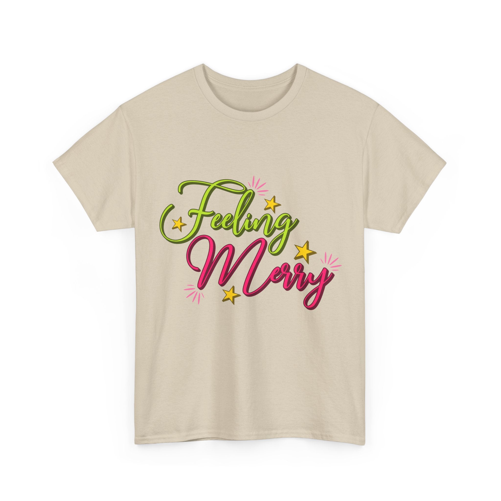 Feeling Merry T-Shirt — Bright Green & Pink Holiday Tee with Stars.Unisex Cotton Tee