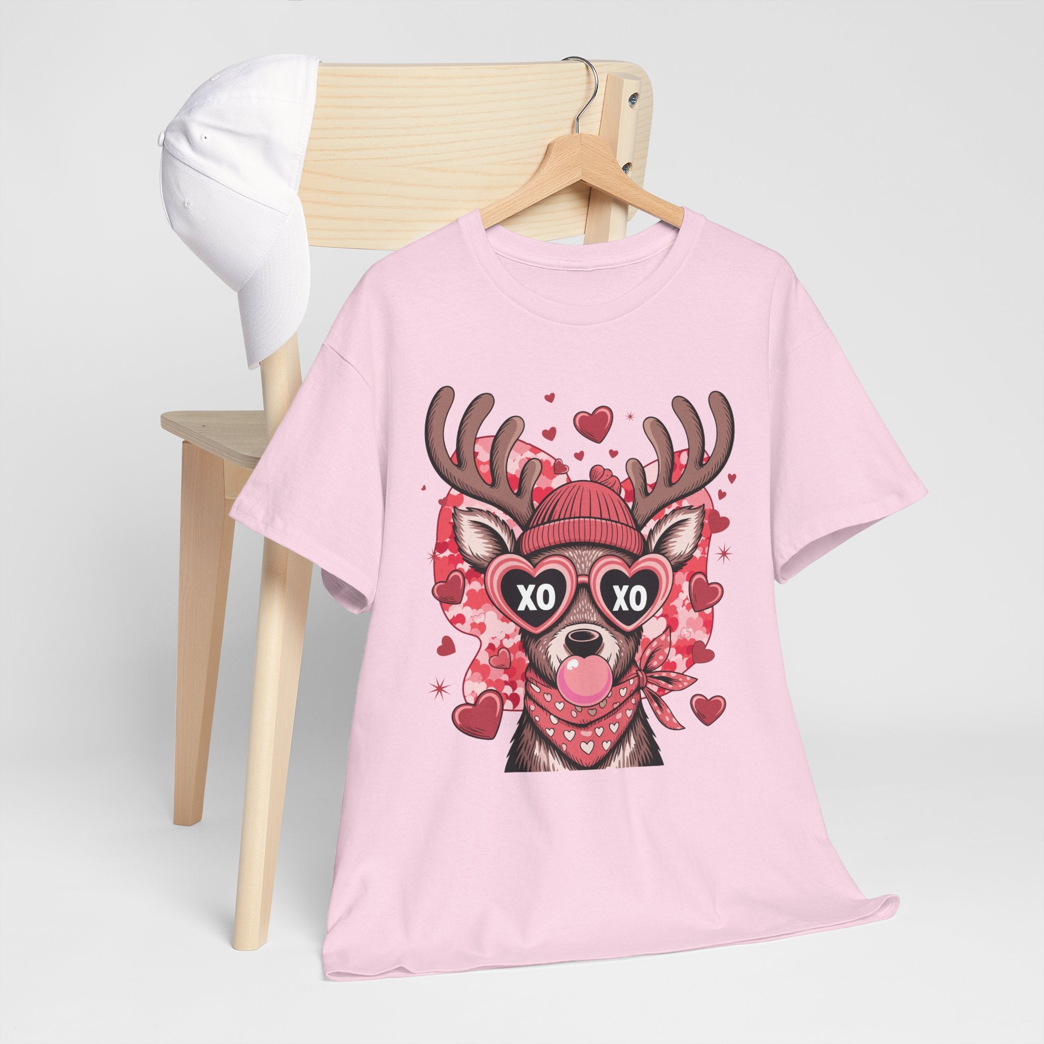 Valentine Deer Tee — Cute XO Heart Glasses, Beanie & Scarf Unisex Cotton Tshirt