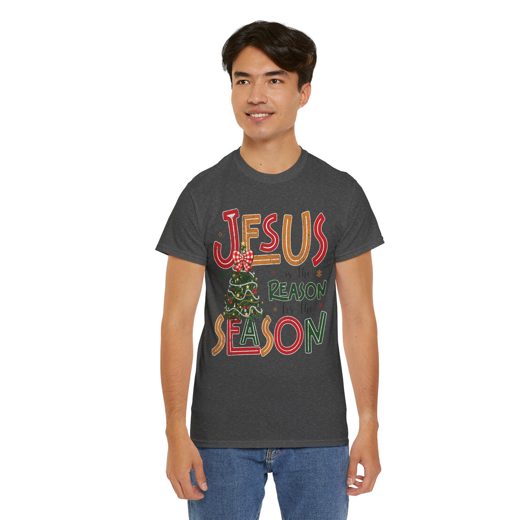 Jesus Is the Reason for the Season Christmas T-Shirt — Plaid Bow Tree..Unisex Cotton Tee