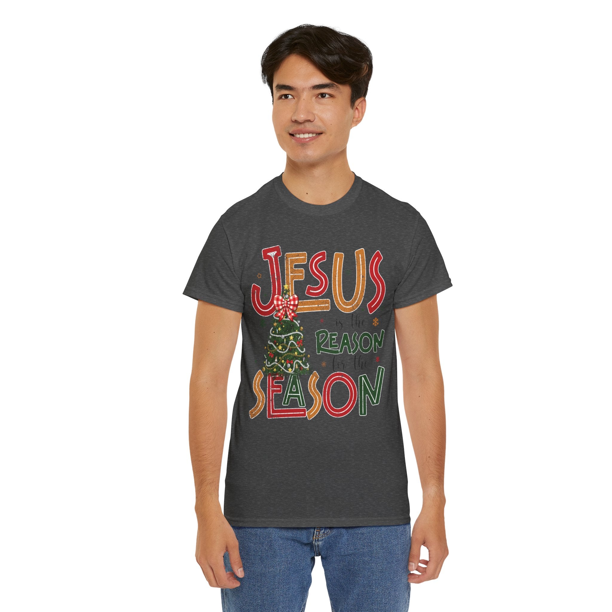 Jesus Is the Reason for the Season Christmas T-Shirt — Plaid Bow Tree..Unisex Cotton Tee