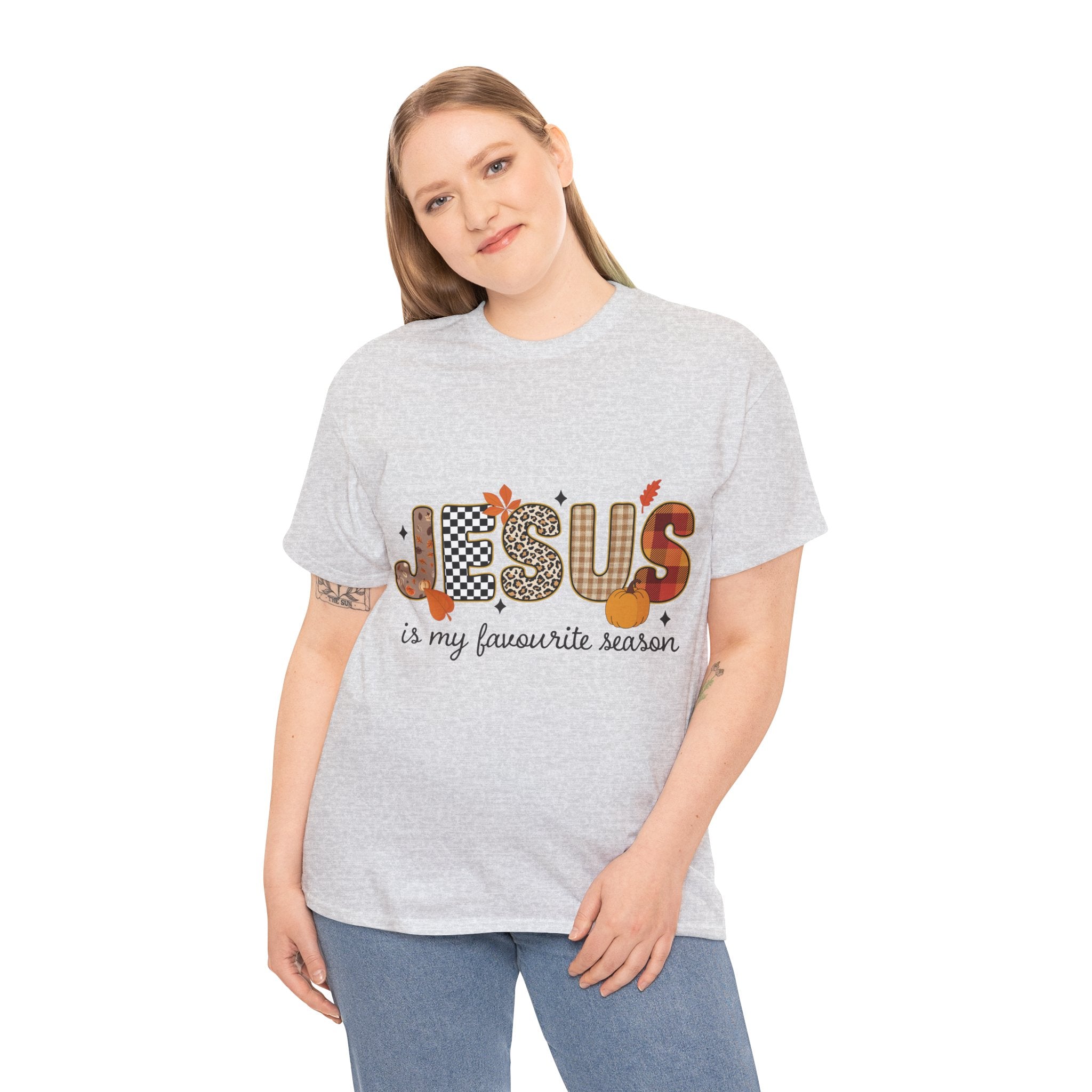Jesus Is My Favorite Season Tee — Autumn Plaid & Leopard Lettering Unisex Cotton Tee