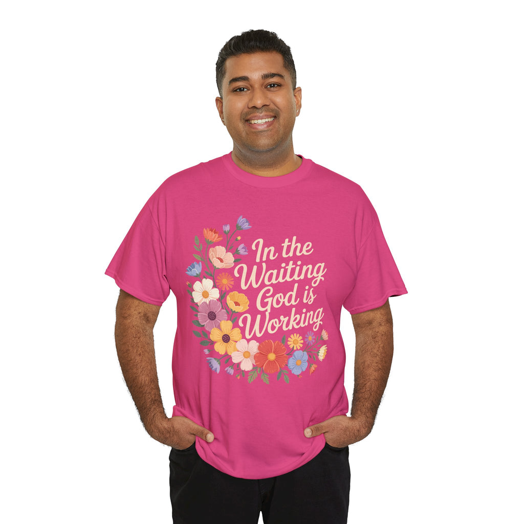 Pastel Floral “In the Waiting God Is Working” Unisex Cotton T-Shirt