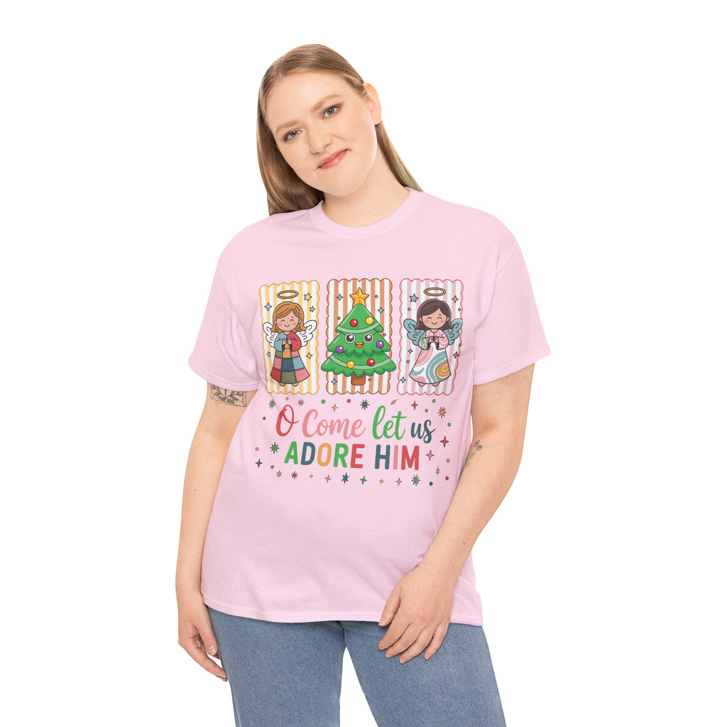 O Come Let Us Adore Him Christmas Tee — Smiling Angels & Happy Tree..Unisex Cotton Tee