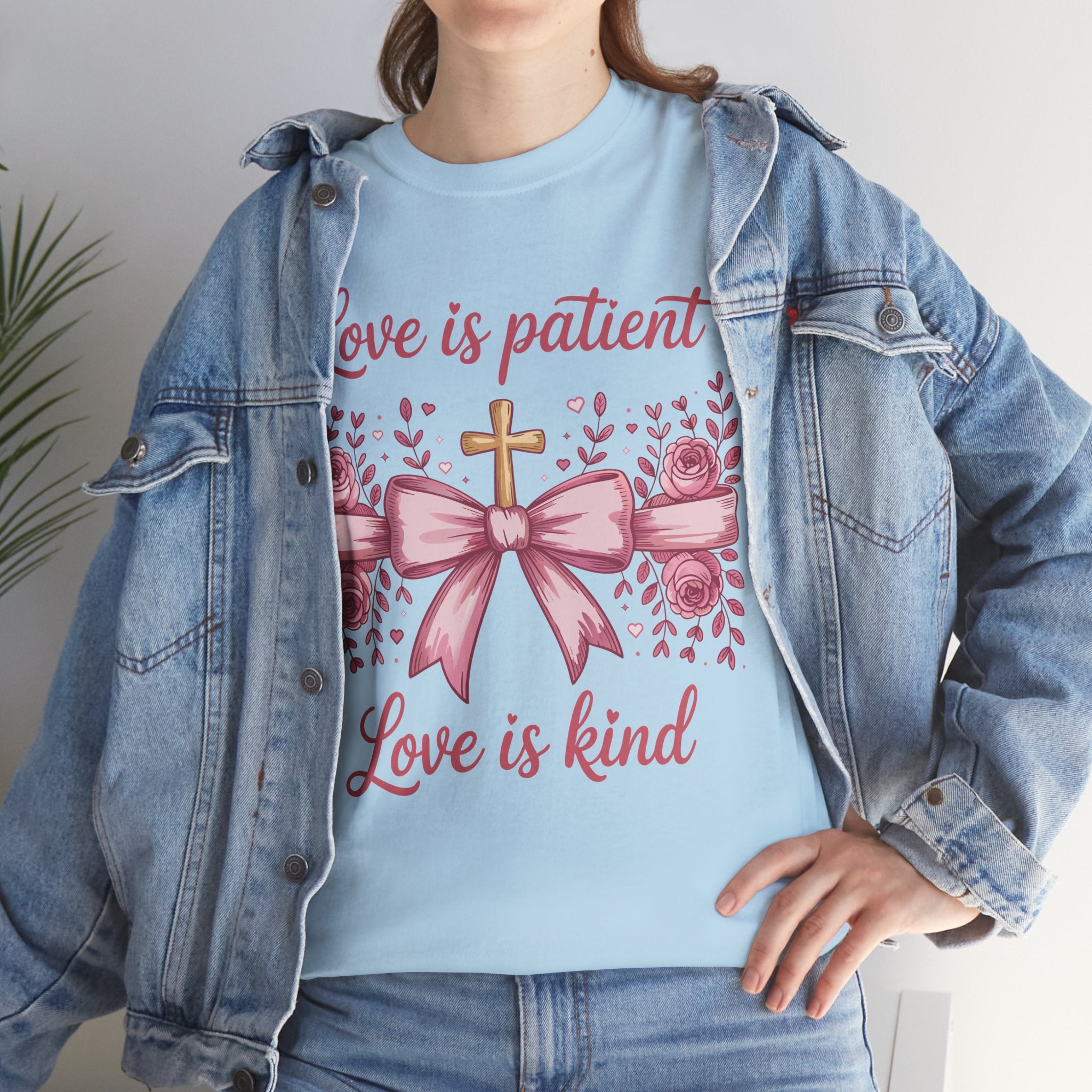 Christian Floral Tee — "Love is Patient, Love is Kind" Pink Rose Cross. Unisex Cotton Tee