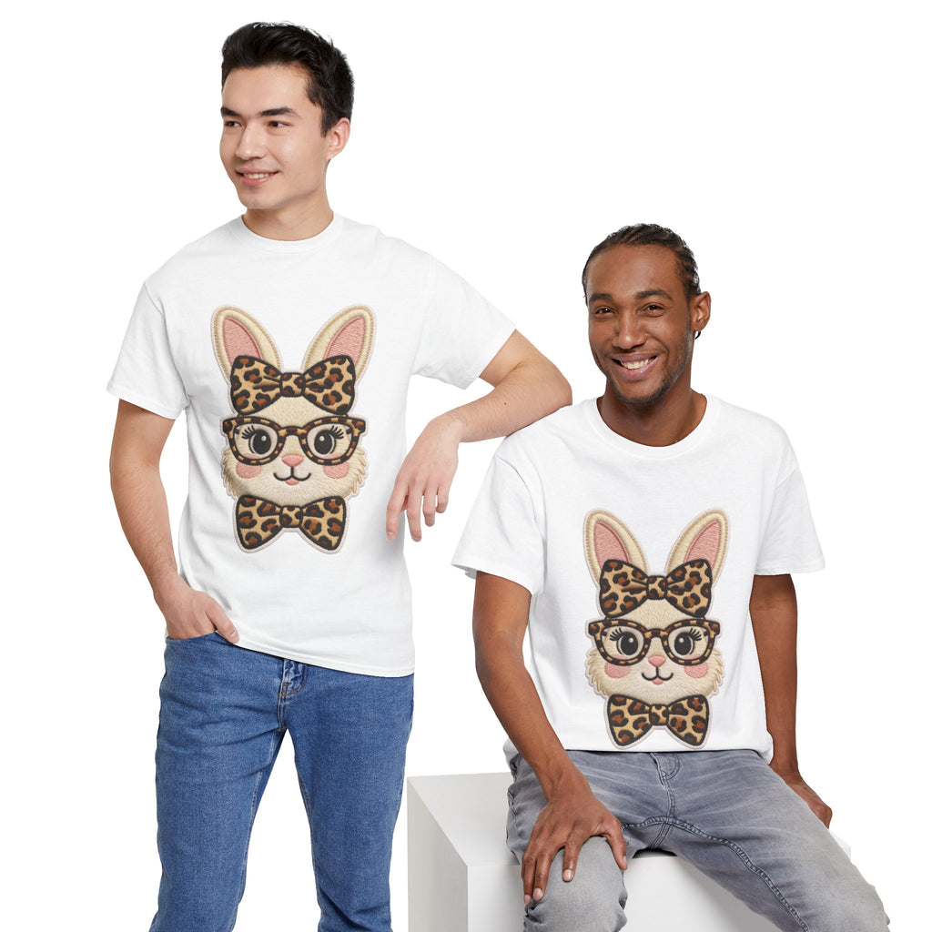 Leopard Bow Bunny Embroidered Tee — Cute Bunny Face with Glasses Patch Unisex Cotton Tee