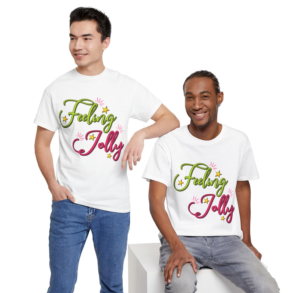 Feeling Jolly Tee — Festive Green & Pink Script with Yellow Stars Unisex Cotton Tee