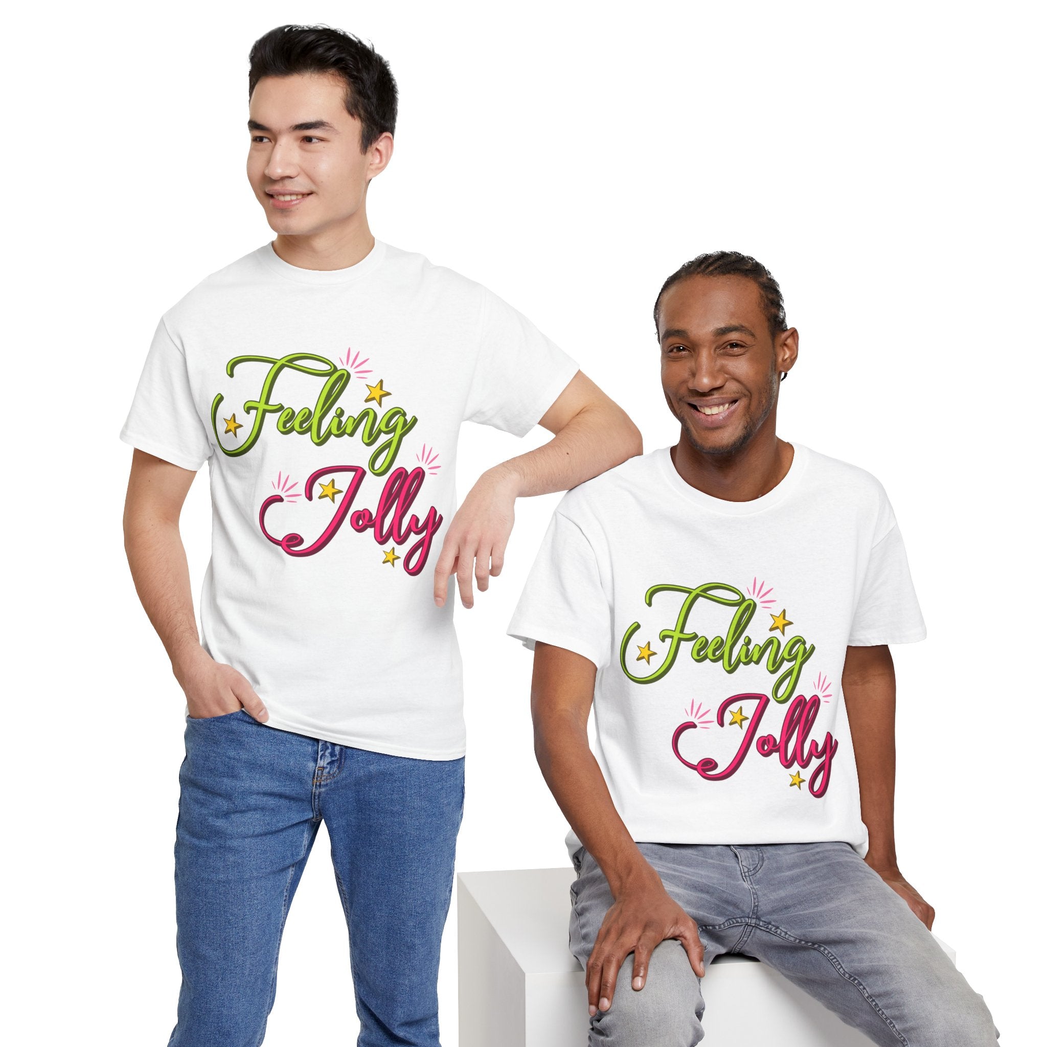 Feeling Jolly Tee — Festive Green & Pink Script with Yellow Stars Unisex Cotton Tee