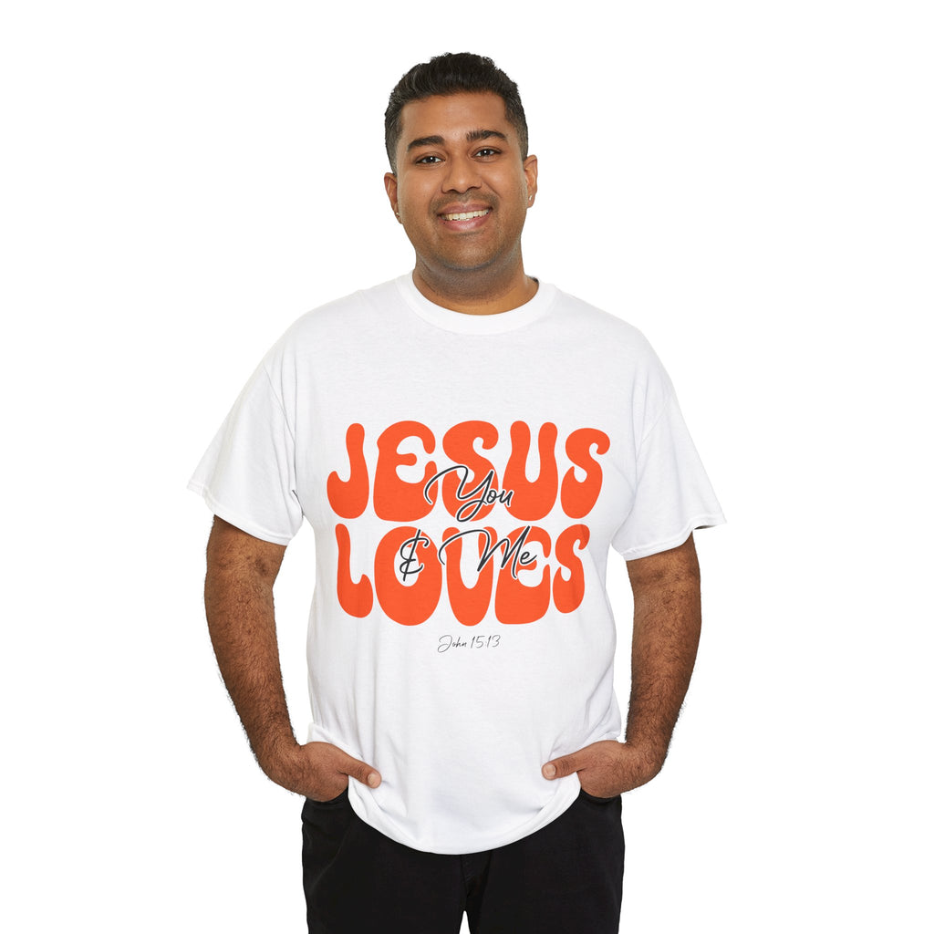 Jesus Loves You & Me Retro Tee — Playful Orange Bubbly Christian Unisex Cotton T-Shirt