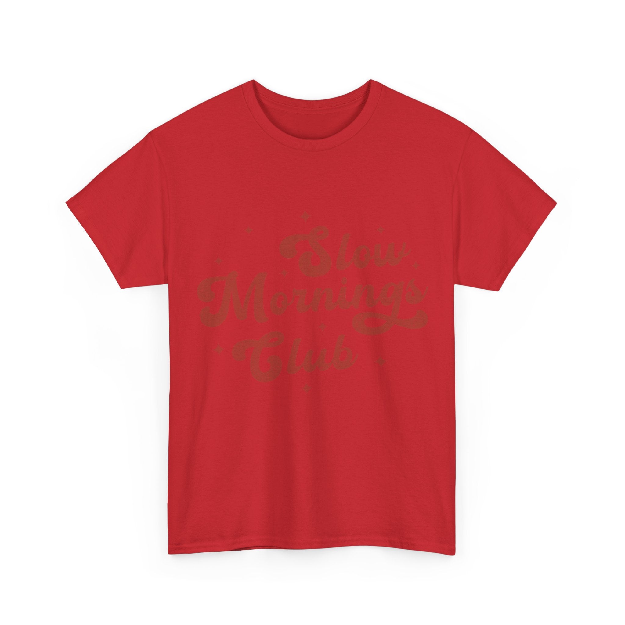Slow Mornings Club T-Shirt — Retro Red Sparkle Unisex Cotton Tee