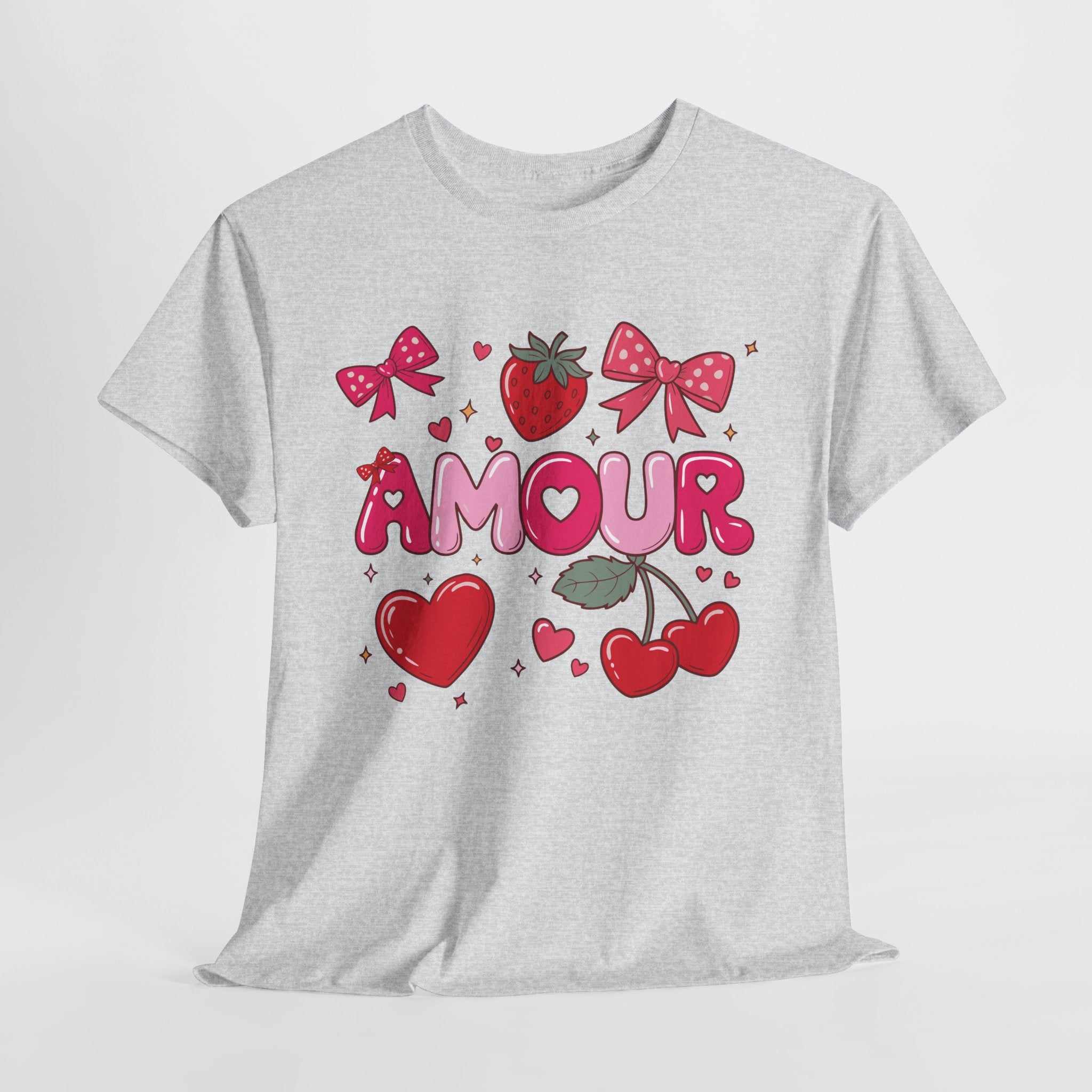 Amour Pink Hearts Tee — Shiny Lettering with Bows, Cherries & Strawberry Accent...Unisex Cotton Tee