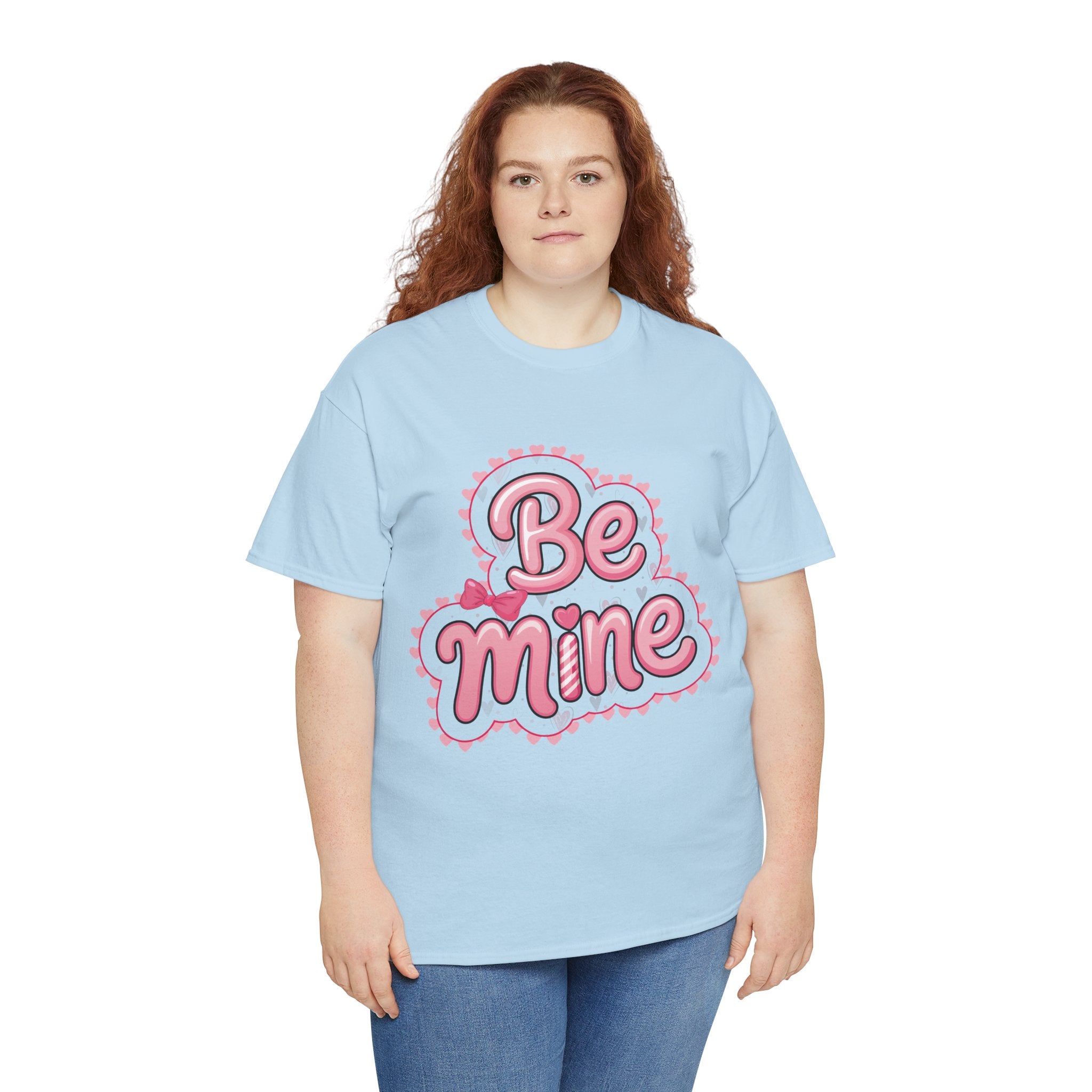 Be Mine Valentine T-Shirt — Pink Bubble Letters with Hearts & Bow..Unisex Cotton Tee