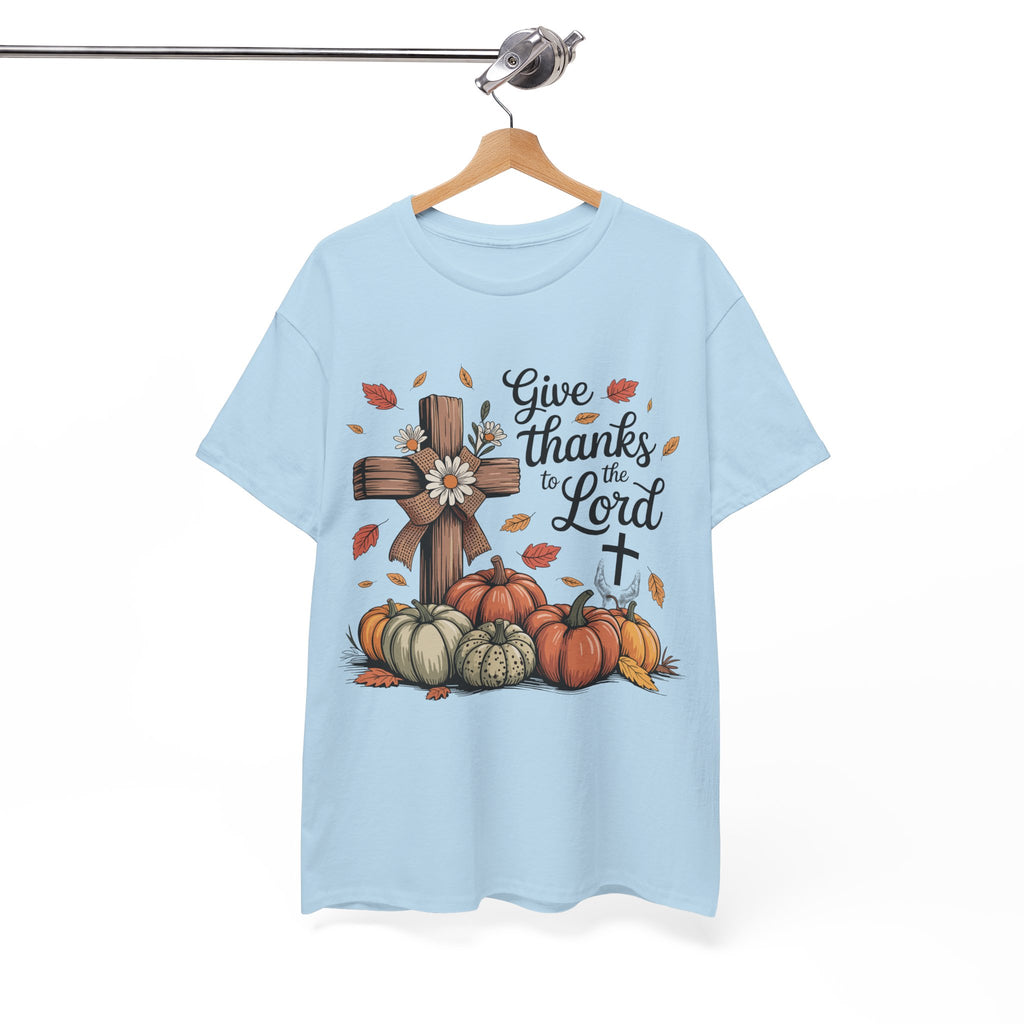 Give Thanks to the Lord Autumn Tee — Wooden Cross, Pumpkins & Daisies..Unisex Cotton Tee