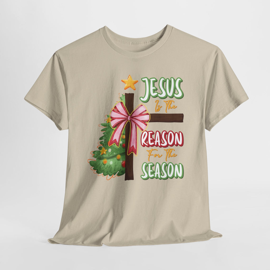 Jesus Is the Reason for the Season Christmas Tee — Cross with Pink Bow & Tree. Unisex Cotton Tee