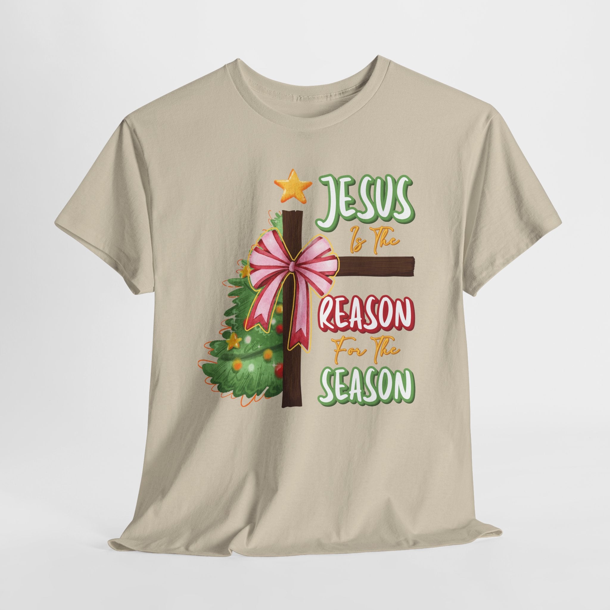 Jesus Is the Reason for the Season Christmas Tee — Cross with Pink Bow & Tree. Unisex Cotton Tee