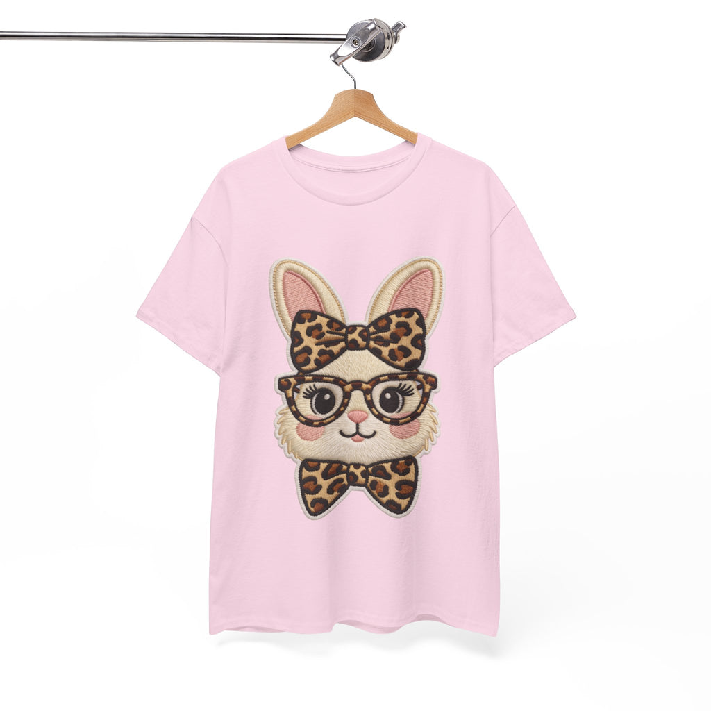 Leopard Bow Bunny Embroidered Tee — Cute Bunny Face with Glasses Patch Unisex Cotton Tee