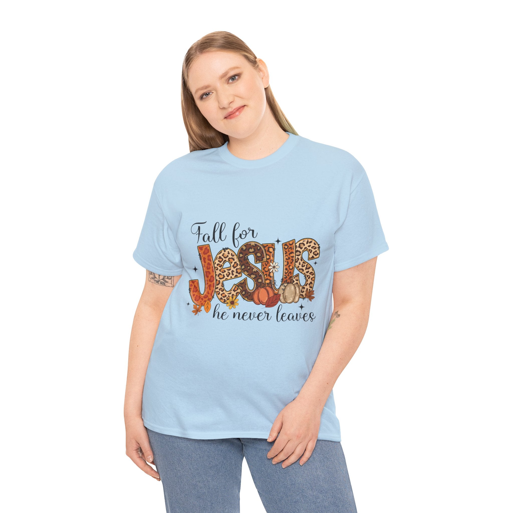 JESUS Leopard Print Fall T-Shirt — Pumpkins, Leaves & Floral Christian Unisex Cotton Tee