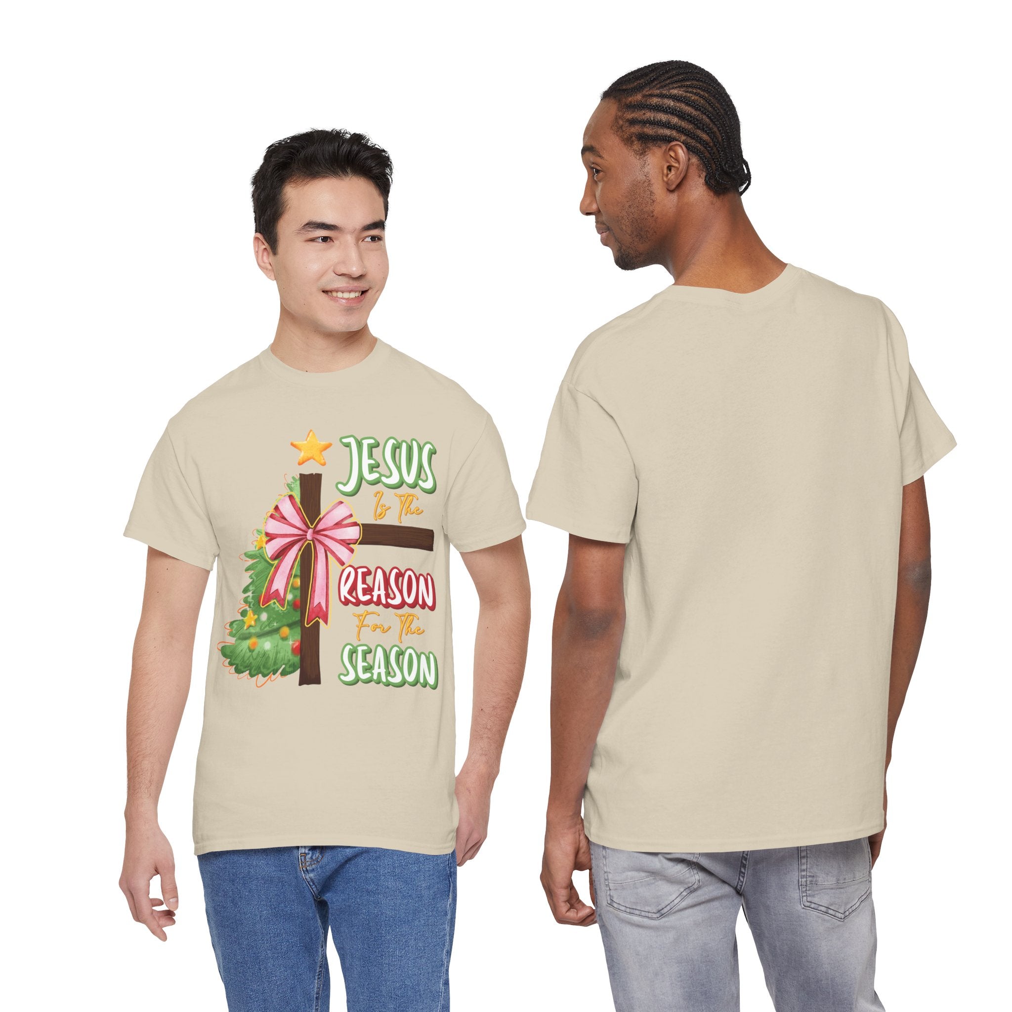 Jesus Is the Reason for the Season Christmas Tee — Cross with Pink Bow & Tree. Unisex Cotton Tee