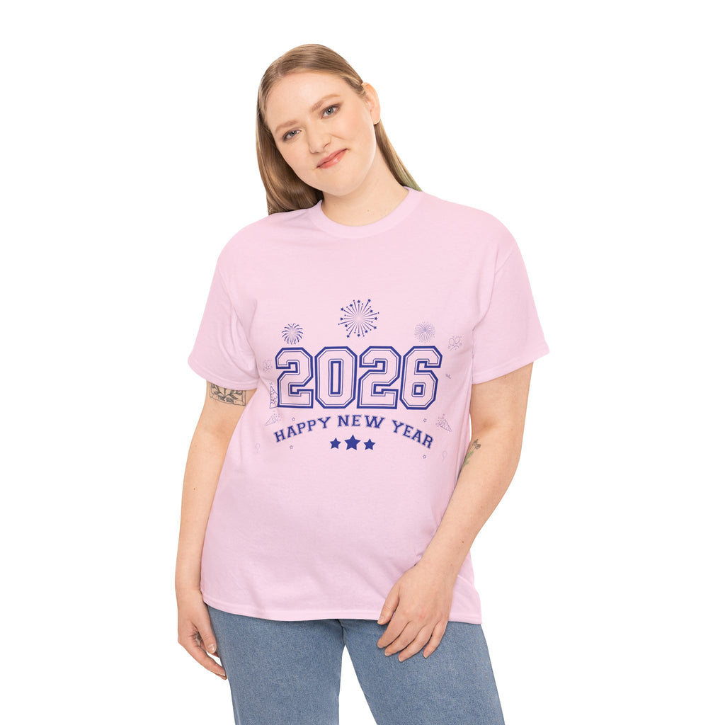 Happy New Year 2026 Varsity Tee — Fireworks & Confetti Celebration Unisex Cotton Tee