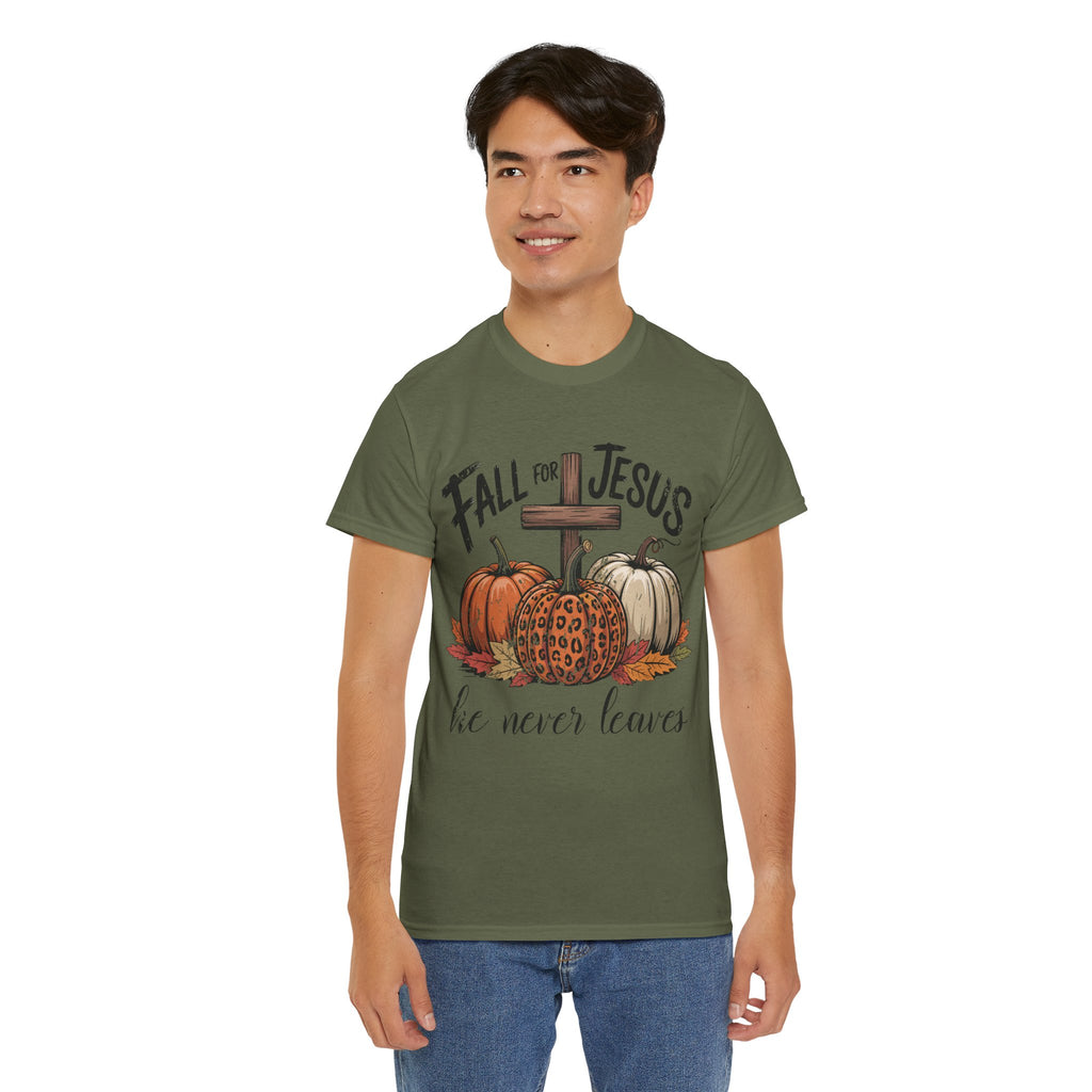 Fall for Jesus Pumpkin Cross Tee — "He Never Leaves" Autumn Christian Unisex Cotton T-Shirt