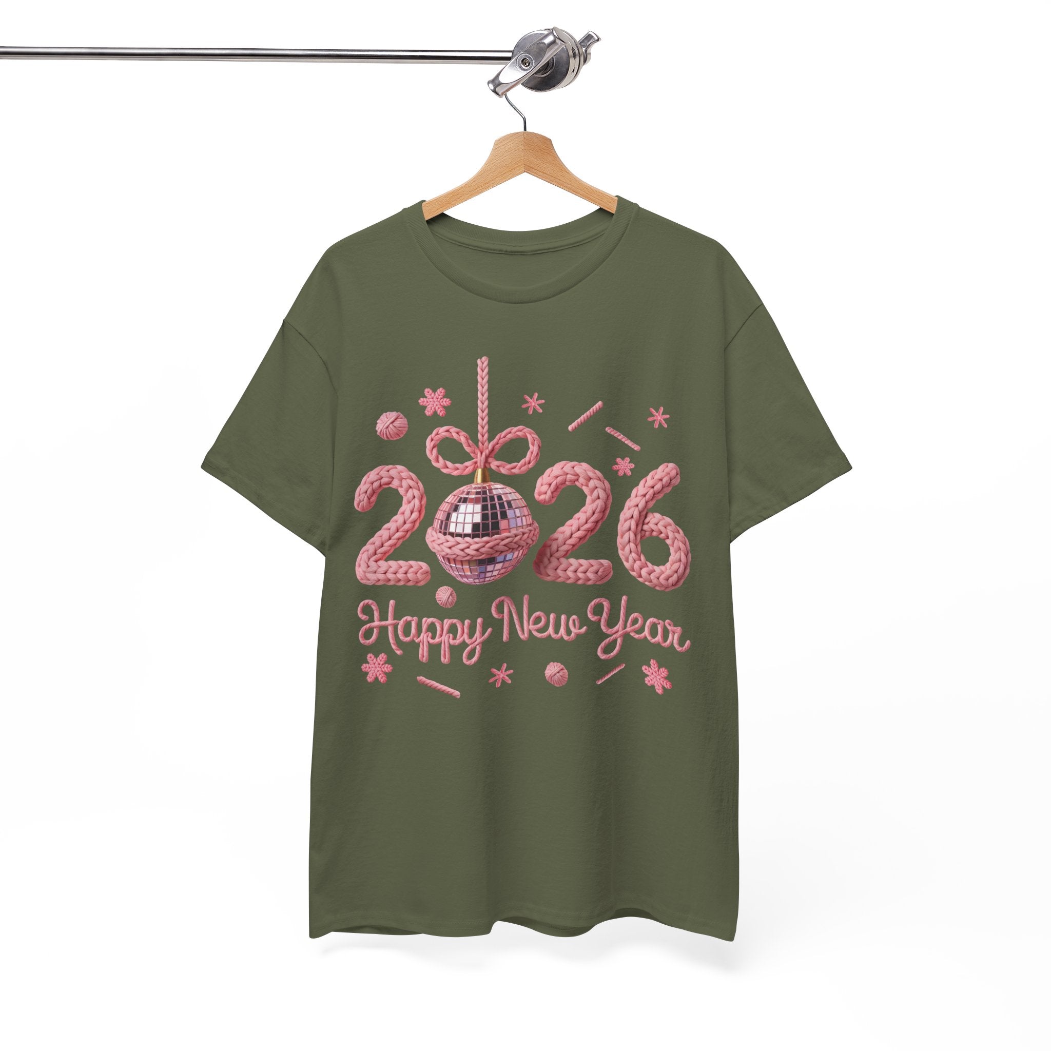 2026 Happy New Year Pink Knitted Disco Ball Unisex Cotton Tee