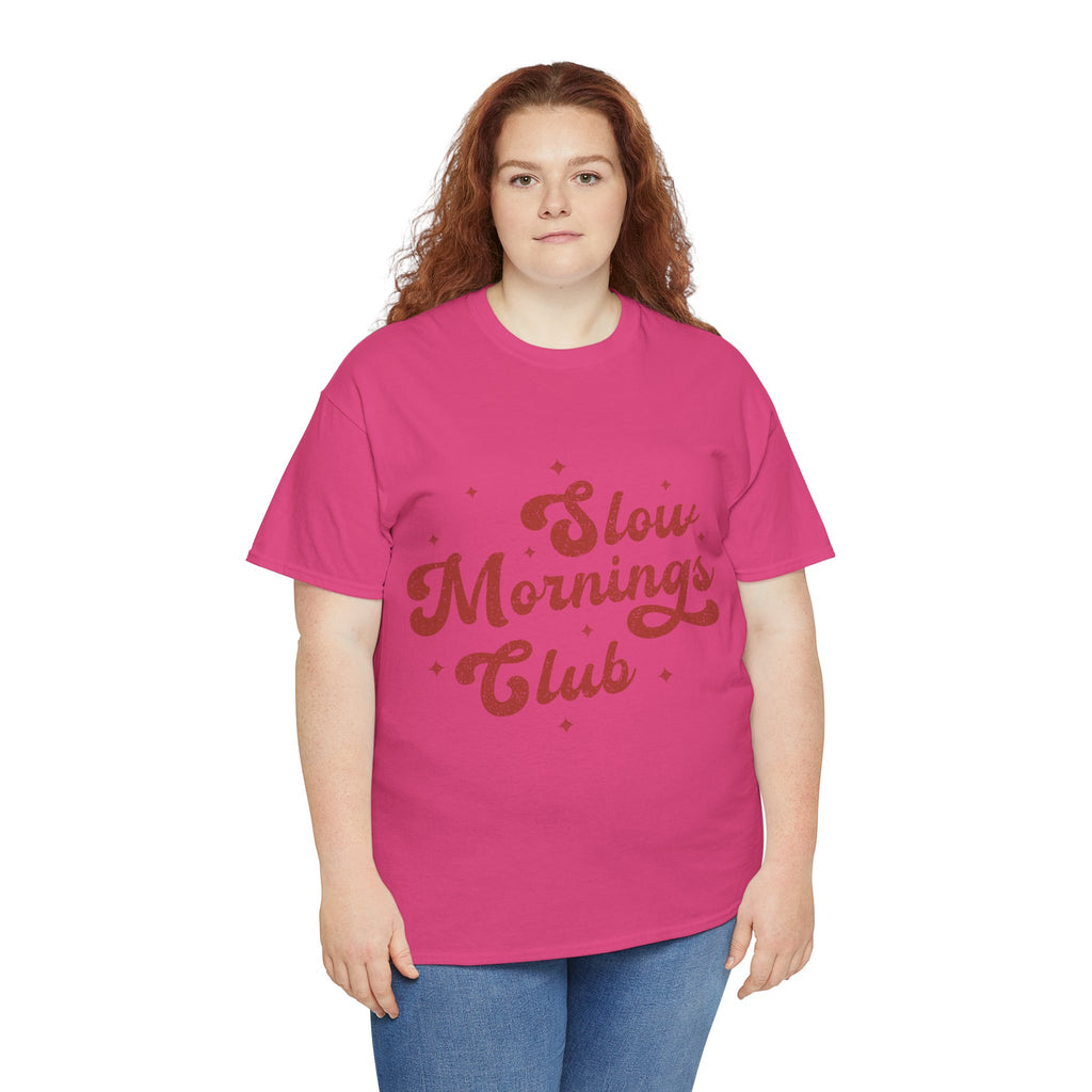 Slow Mornings Club T-Shirt — Retro Red Sparkle Unisex Cotton Tee