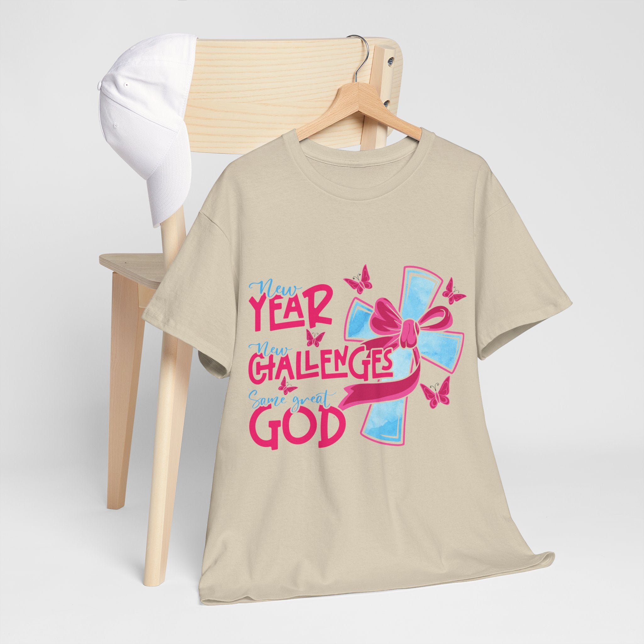 Christian T-Shirt — “New Year, New Challenges, Same Great God” with Pink Bow Cross & Butterflies. Unisex Cotton Tee