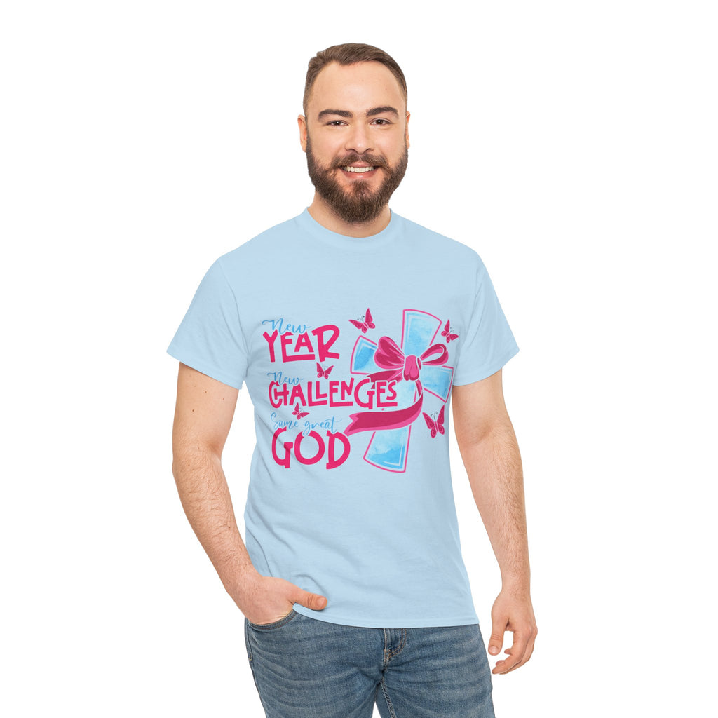 Christian T-Shirt — “New Year, New Challenges, Same Great God” with Pink Bow Cross & Butterflies. Unisex Cotton Tee