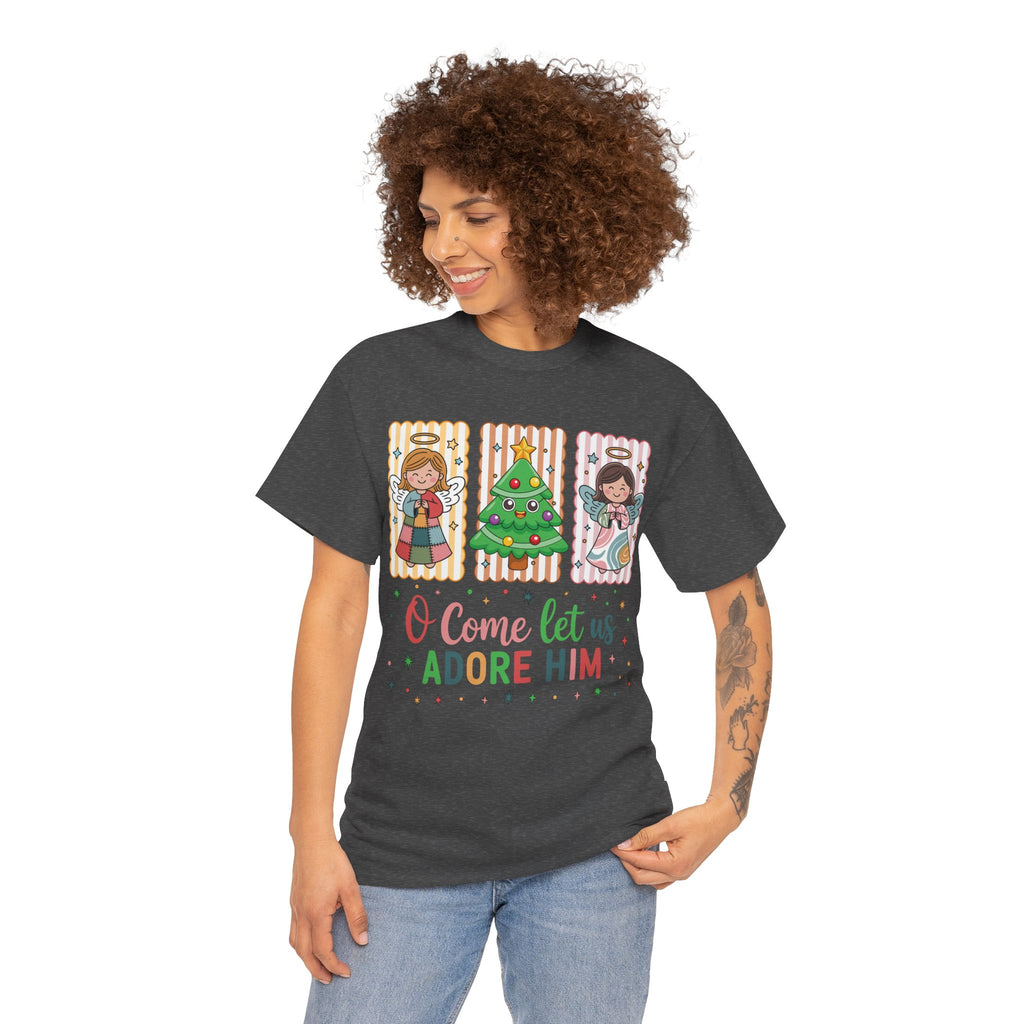 O Come Let Us Adore Him Christmas Tee — Smiling Angels & Happy Tree..Unisex Cotton Tee
