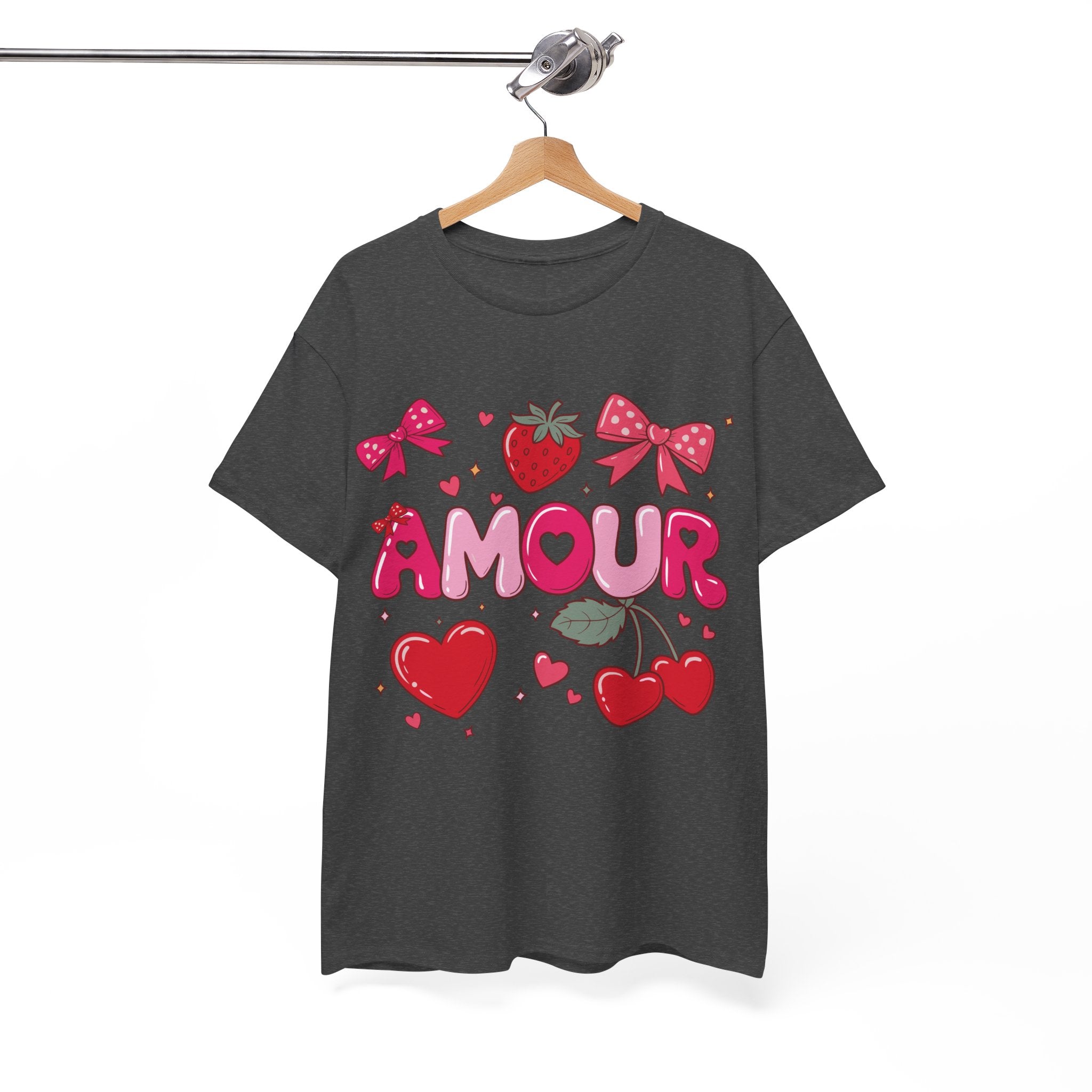 Amour Pink Hearts Tee — Shiny Lettering with Bows, Cherries & Strawberry Accent...Unisex Cotton Tee