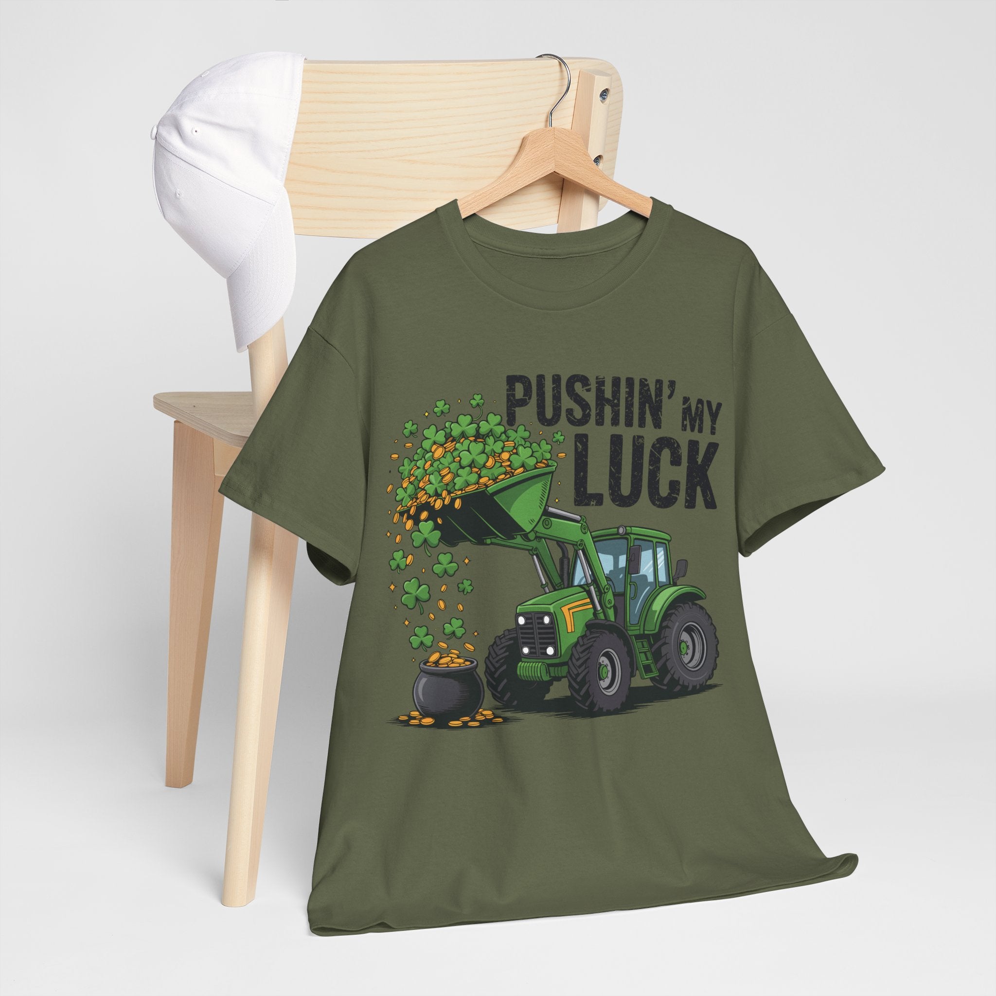 Pushin' My Luck Shamrock Tractor Tee — St. Patrick's Day Unisex Cotton T-Shirt