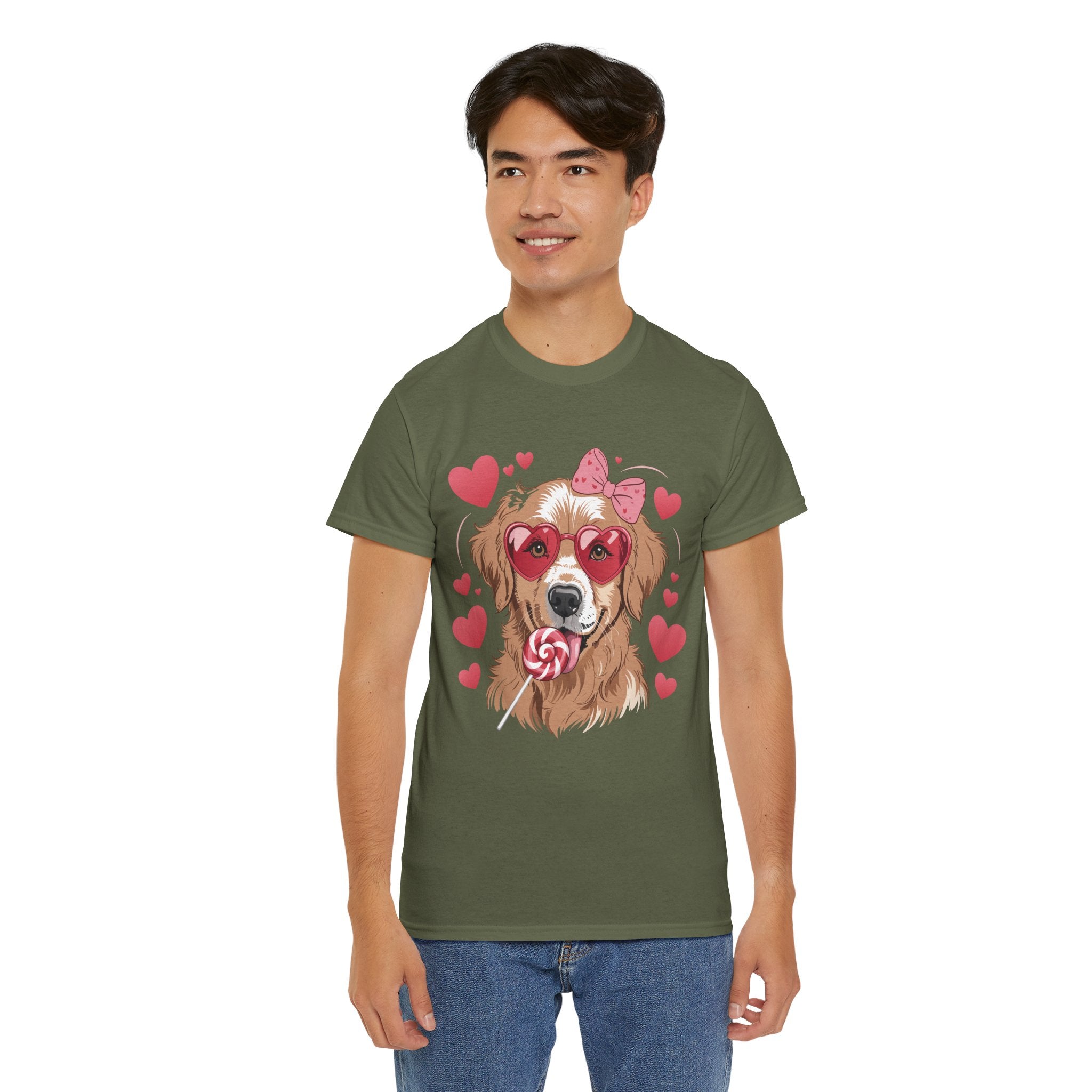 Valentine Dog T-Shirt — Cute Pup with Heart Glasses, Pink Bow & Lollipop..Unisex Cotton Tee