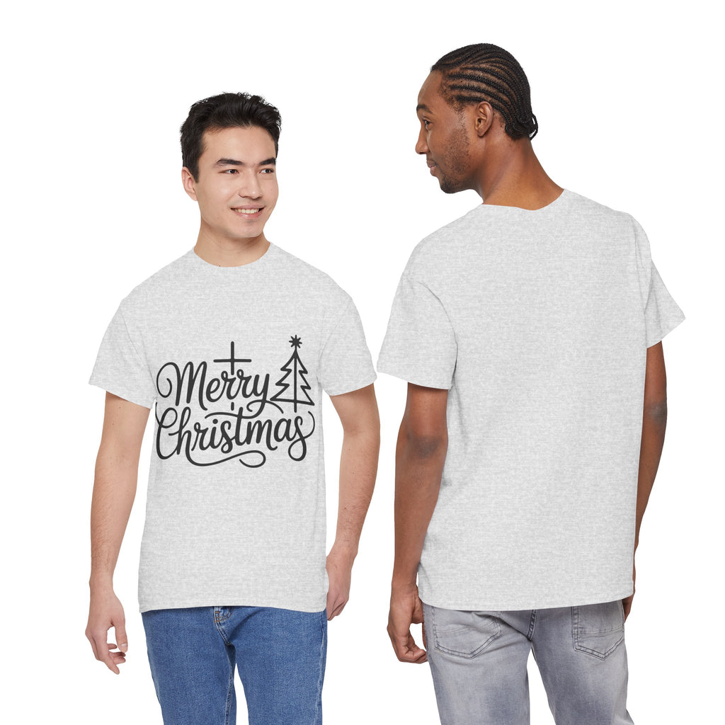 Merry Christmas Script T-Shirt with Cross & Tree(Unisex Cotton Tee)