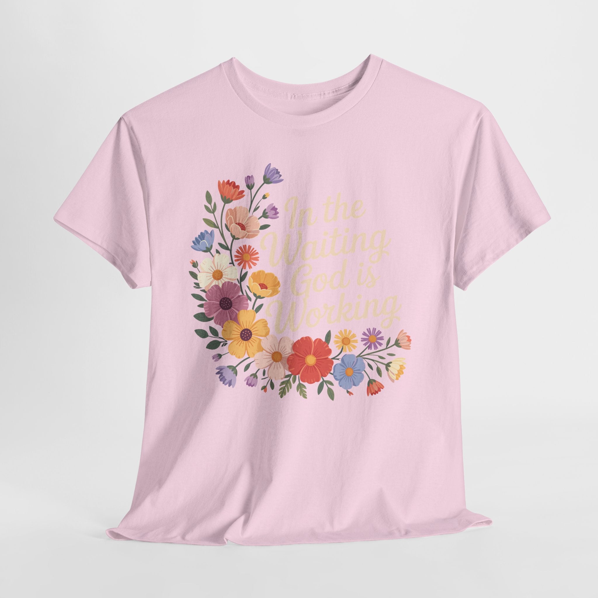 Pastel Floral “In the Waiting God Is Working” Unisex Cotton T-Shirt
