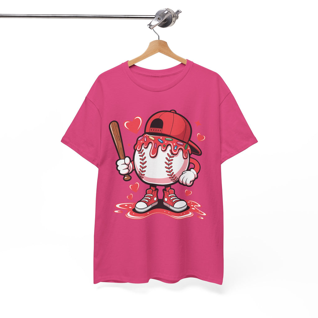 Cute Baseball Character T-Shirt — Red Cap & Icing Top Graphic with Hearts Unisex Cotton Tee