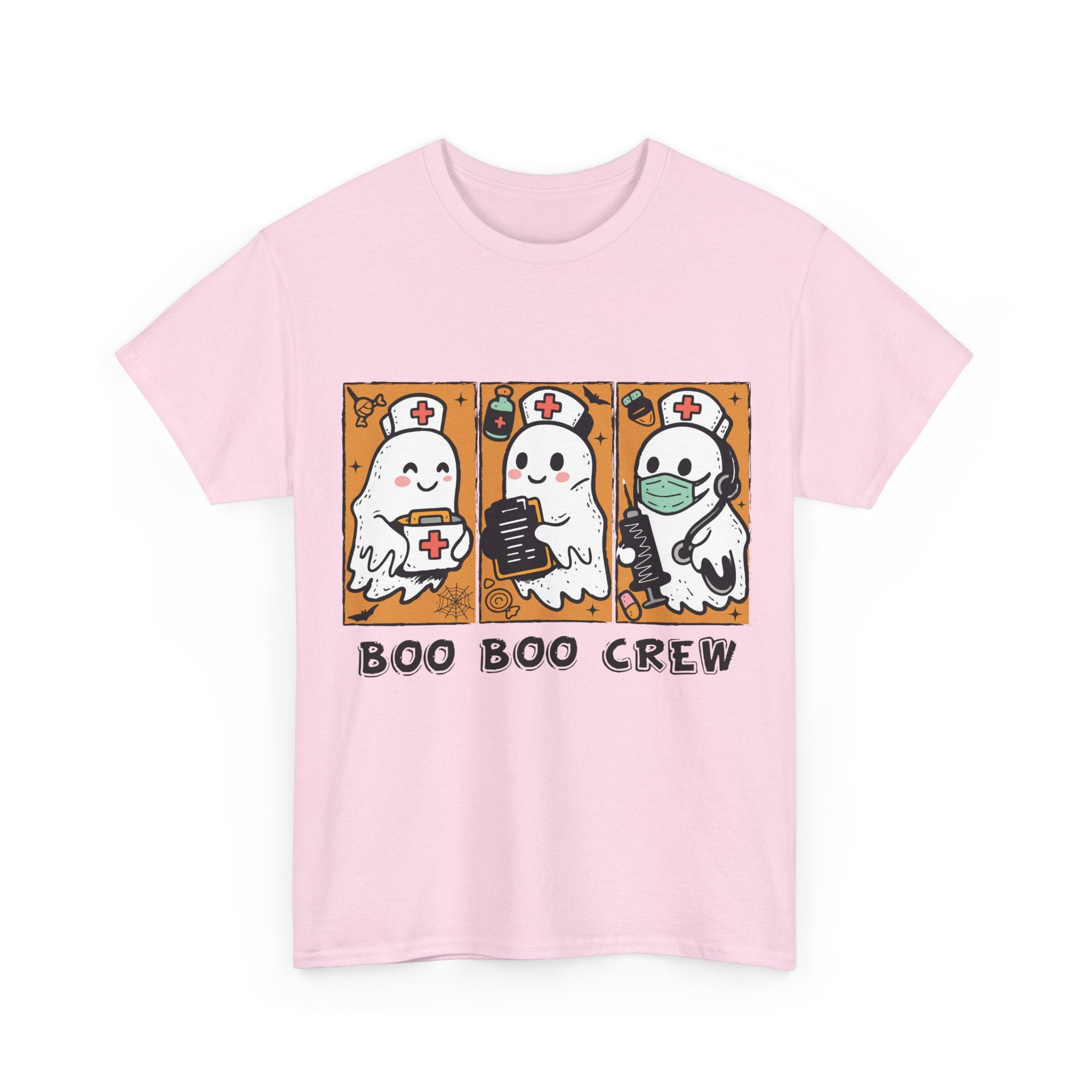Halloween Nurse T-Shirt — Ghost Nurses Holding Medical Tools on Orange Unisec Cotton Tee