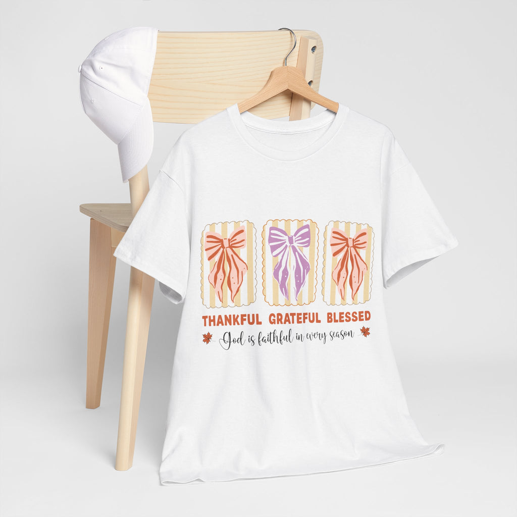 Thankful Grateful Blessed Fall Tee — God Is Faithful Pastel Bows..Unisex Cotton Tee