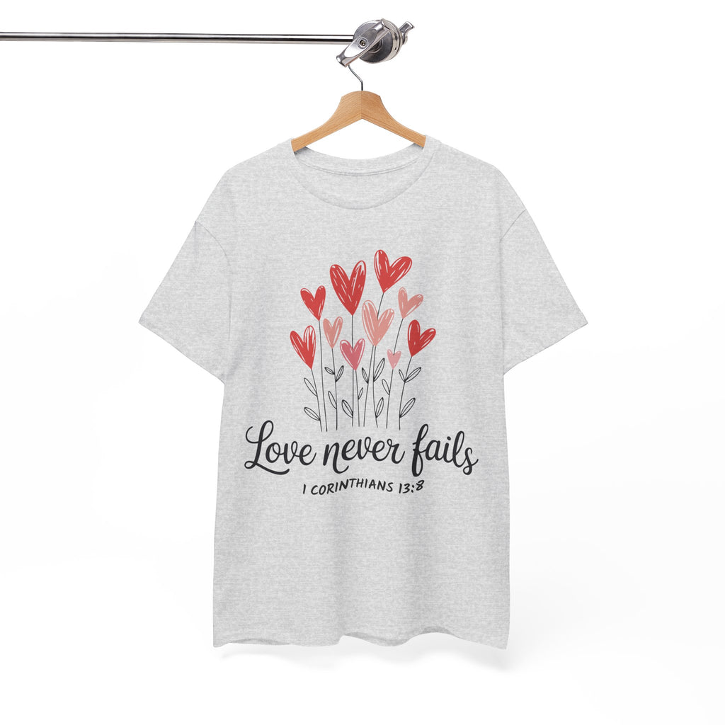 Christian Valentine T-Shirt — "Love Never Fails" (1 Corinthians 13:8) Unisex Cotton Tee