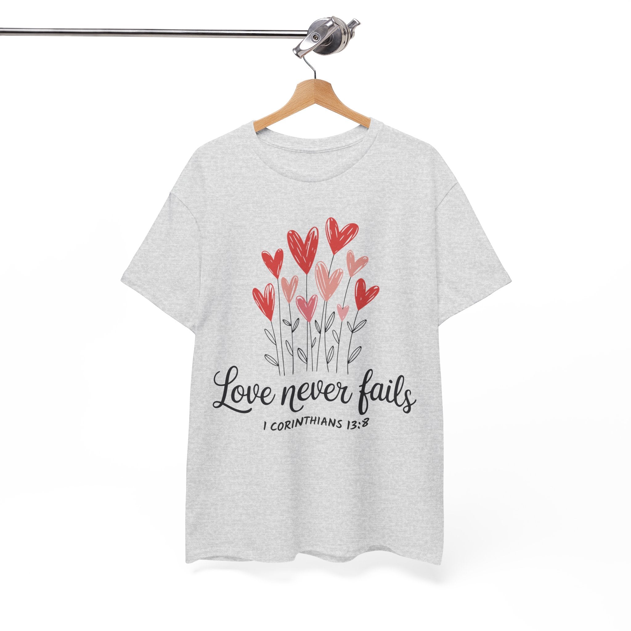 Christian Valentine T-Shirt — "Love Never Fails" (1 Corinthians 13:8) Unisex Cotton Tee