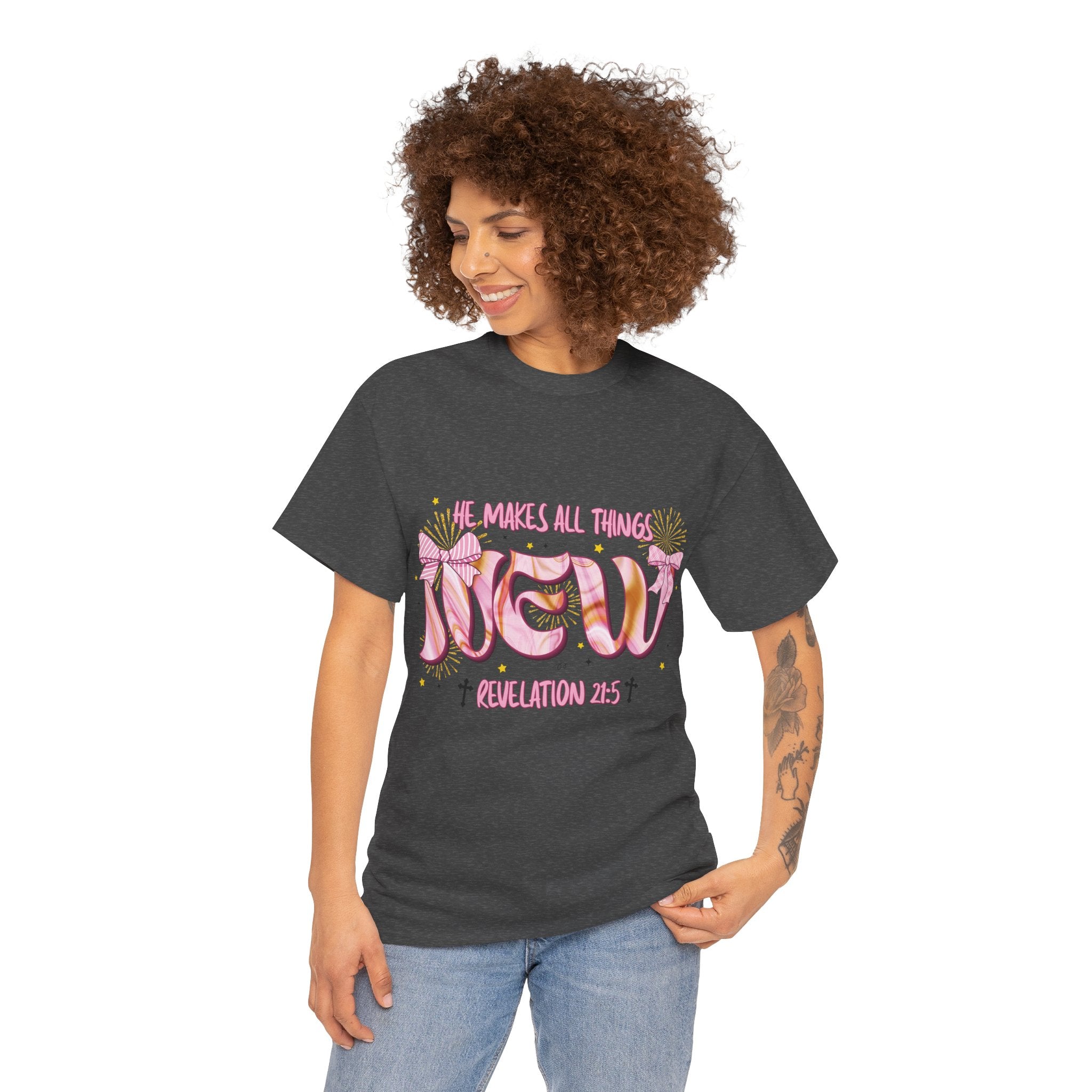 Christian Marble Tee — “He Makes All Things New” (Revelation 21:5)... Unisex Cotton Tee