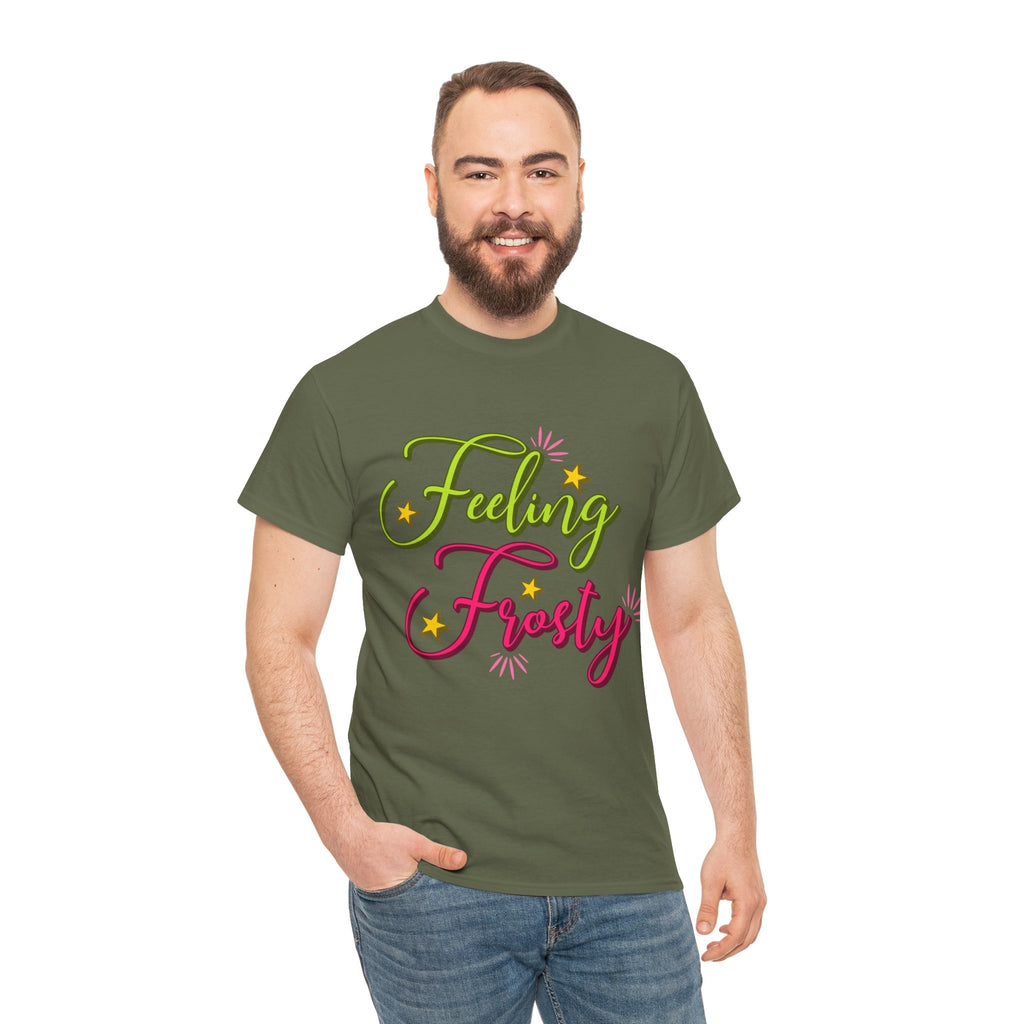 Feeling Frosty Holiday T-Shirt — Green & Pink Script Stars.Unisex Cotton Tee