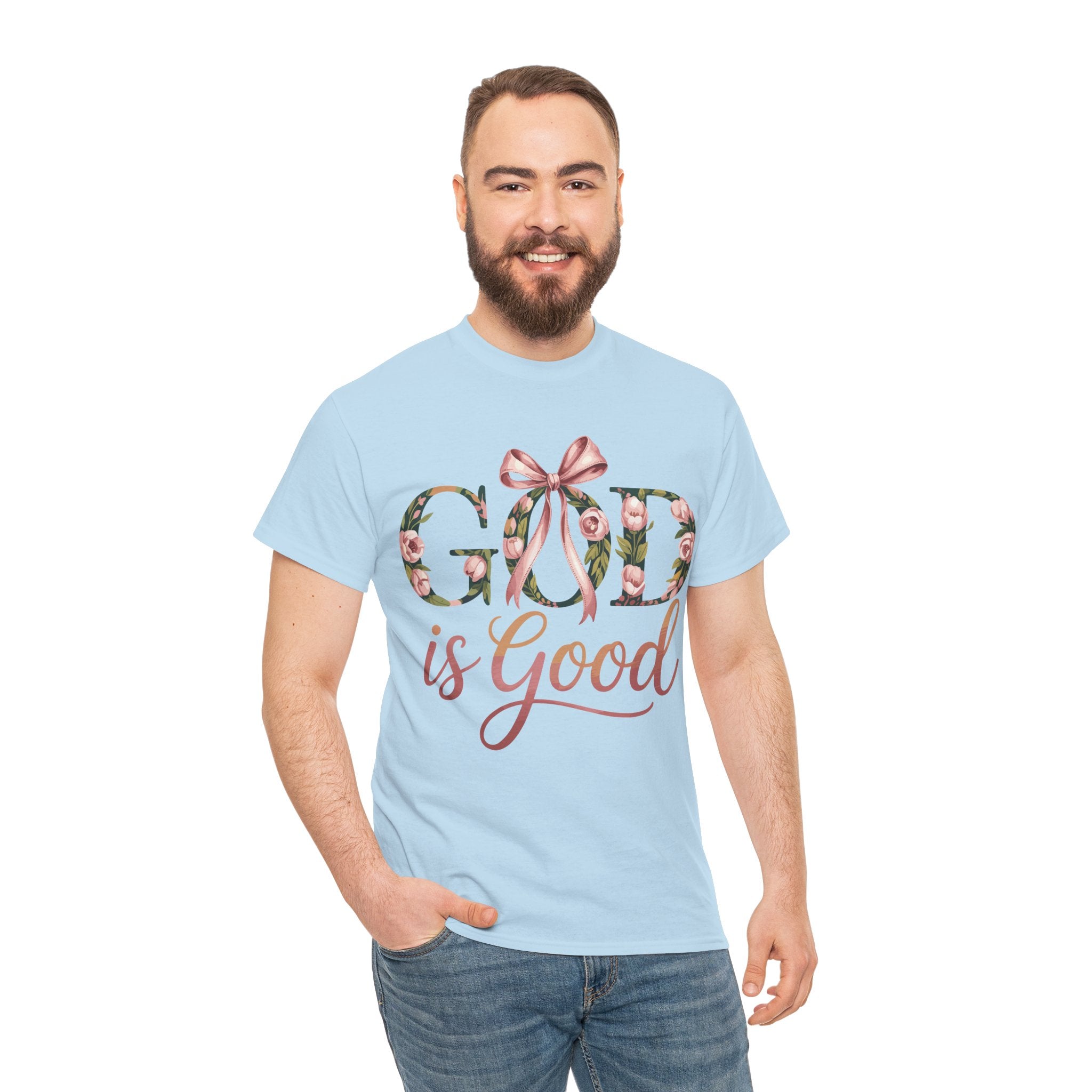God Is Good Pink Rose Tee — Floral Ribbon Faith Unisex Cotton T-Shirt