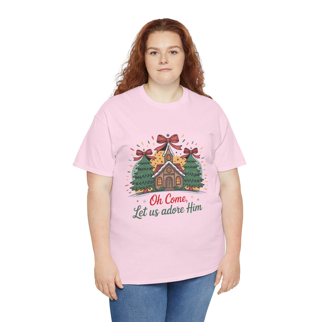 Oh Come Let Us Adore Him Christmas Tee — Church & Trees Holiday Unisex Cotton Tshirt
