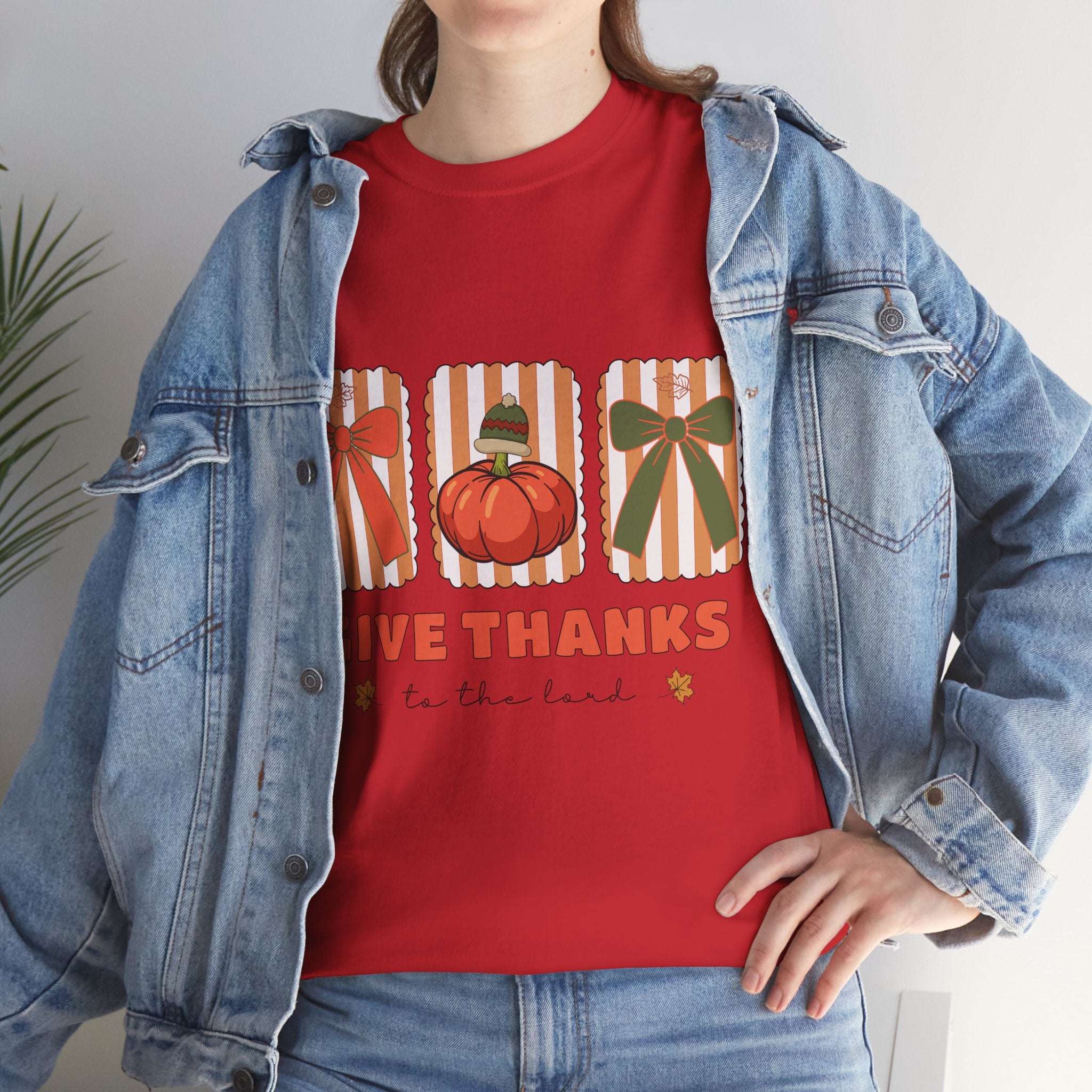 Give Thanks Thanksgiving T-Shirt — Pumpkin with Hat & Bows Unisex Cotton Tee
