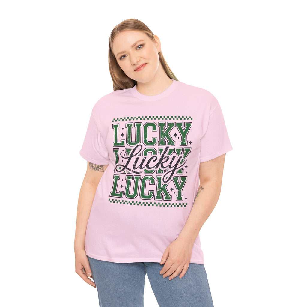 Lucky Varsity Tee — Layered Green ‘Lucky’ Graphic Unisex Cotton Tee