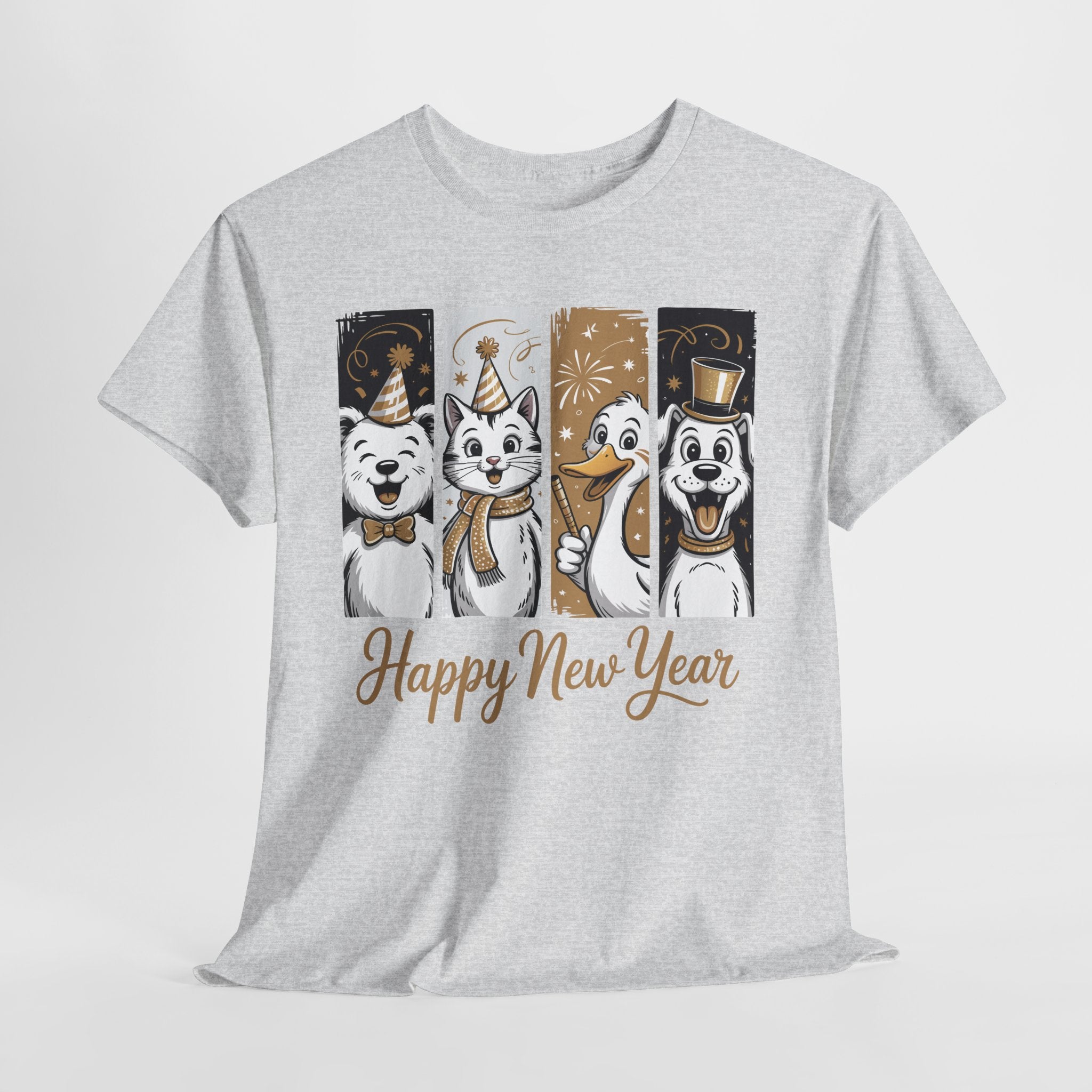 Happy New Year Party Animals T-Shirt — Cute Smiling Animals in Party Hats & Gold Fireworks..Unisex Cotton Tee