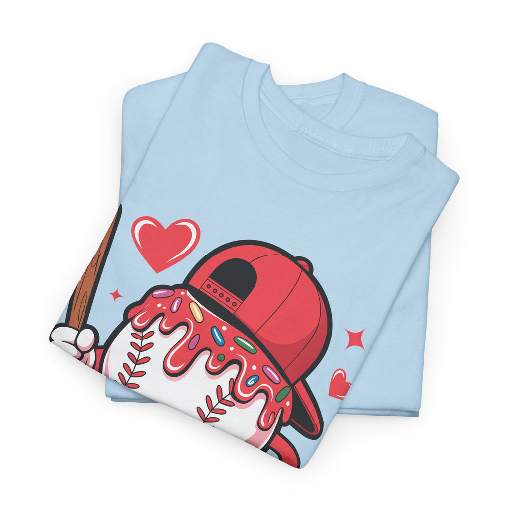 Cute Baseball Character T-Shirt — Red Cap & Icing Top Graphic with Hearts Unisex Cotton Tee