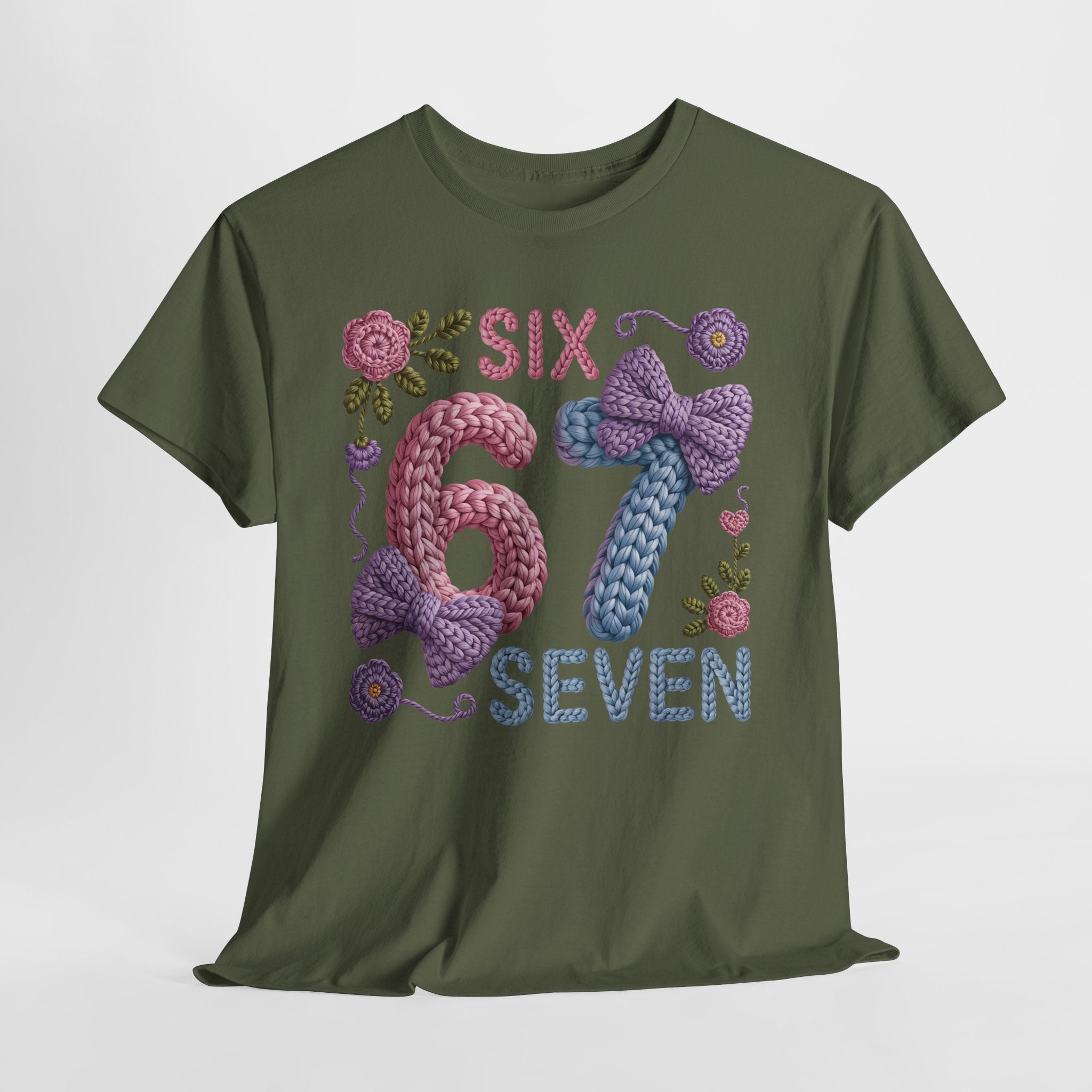 Pastel Crochet Numbers 6 & 7 Tee — Faux-Yarn Bows & Flowers. Unisex Cotton Tee