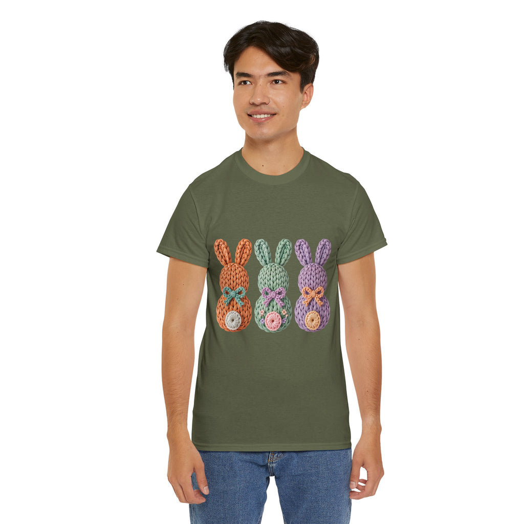 Pastel Crochet Bunny Tee — Trio of Faux Knit Bunnies with Bows & Flowers Unisex Cotton Tee